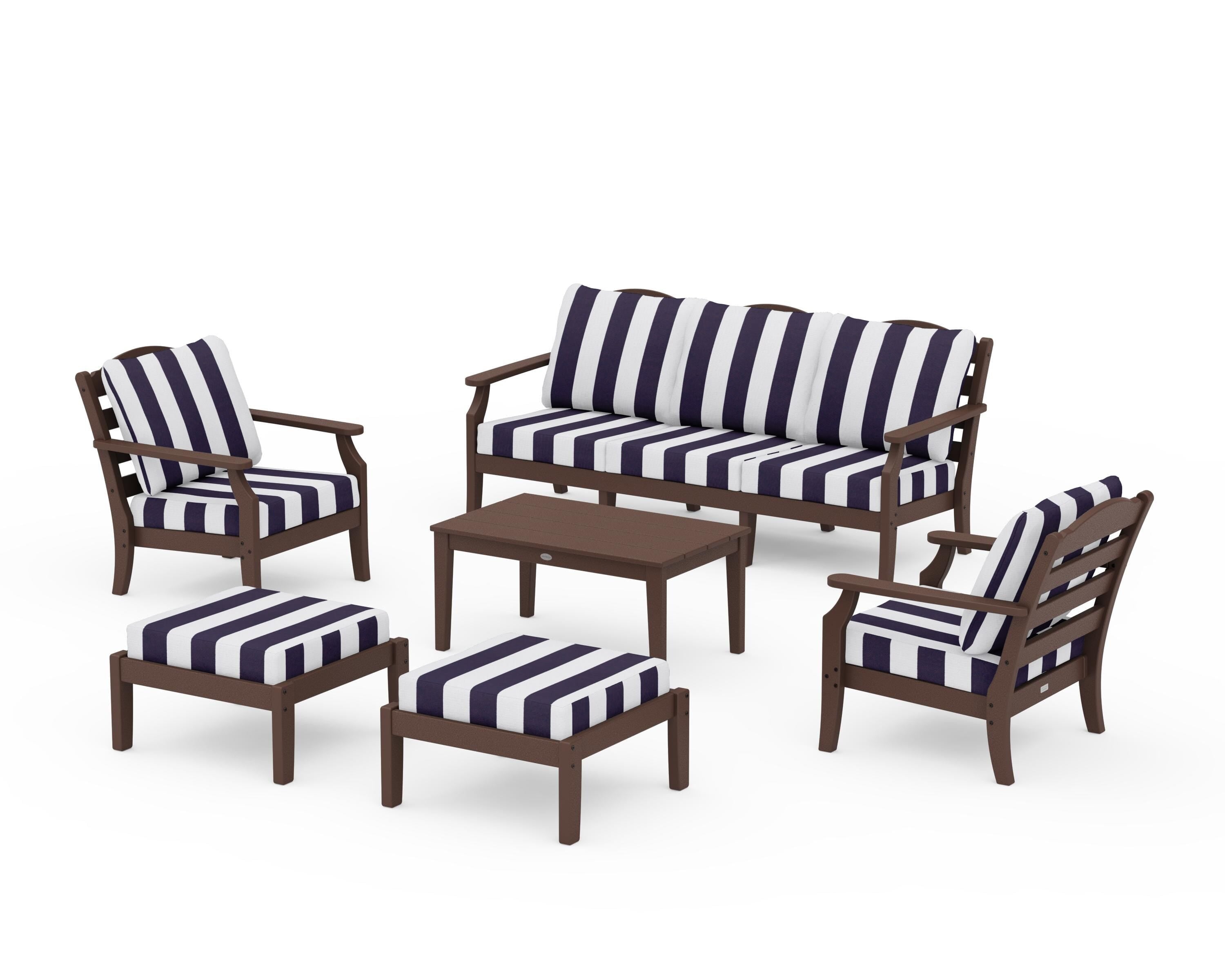Draper James™ by POLYWOOD® Savannah 6-Piece Lounge Sofa Set in Mahogany / Cabana Stripe Navy
