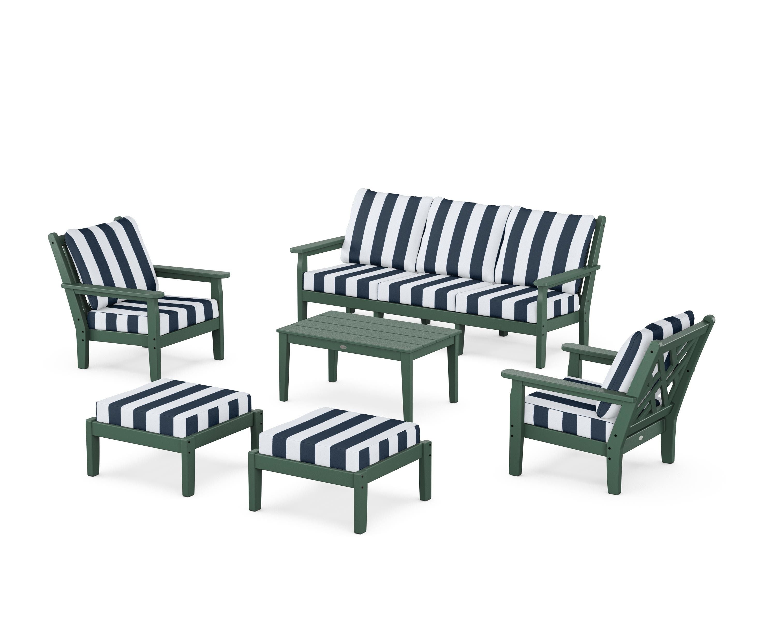 POLYWOOD® Chippendale 6-Piece Lounge Sofa Set in Green / Cabana Stripe Marine Indigo