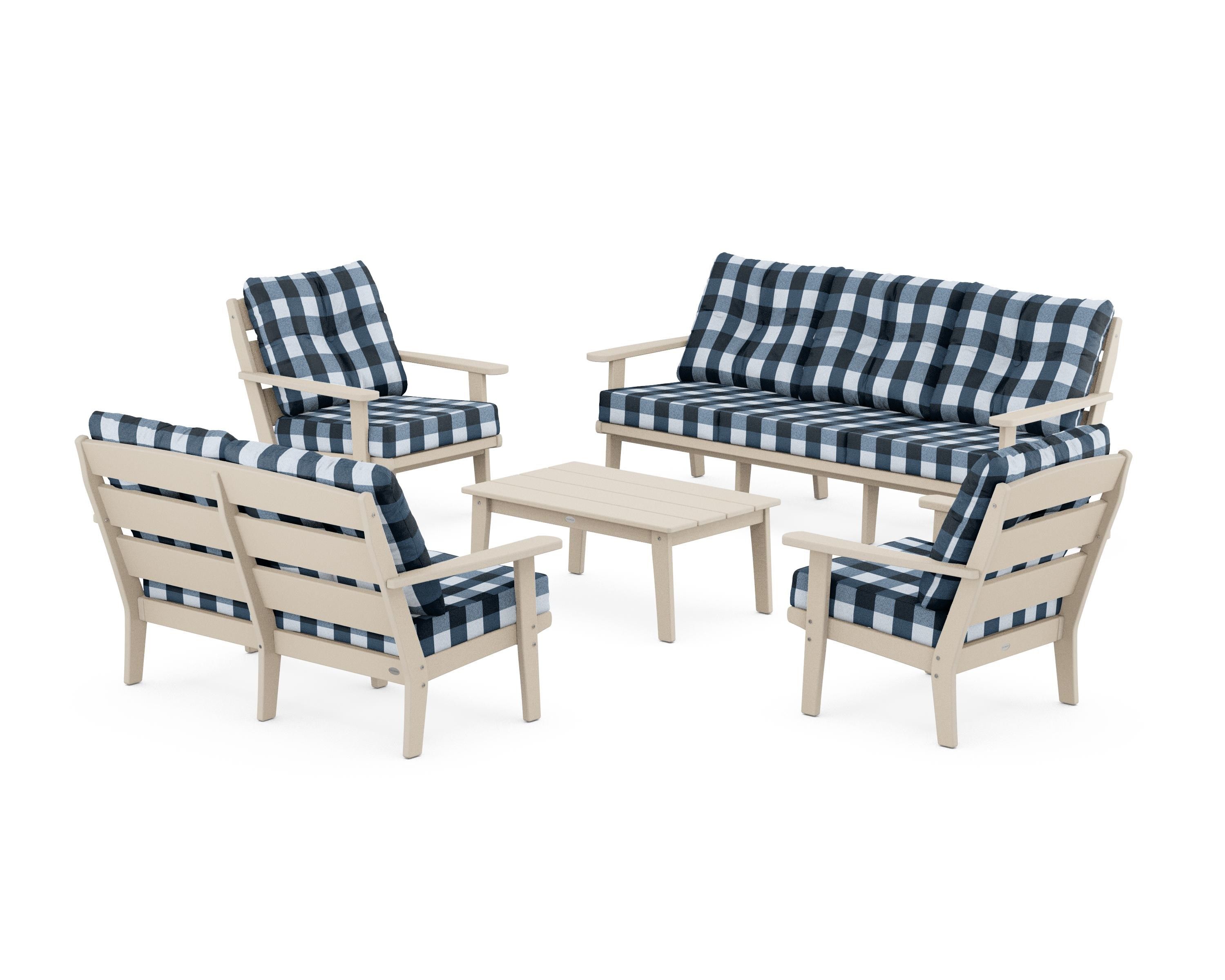 POLYWOOD® Lakeside 5-Piece Lounge Sofa Set in Sand / Buffalo Plaid Marine Indigo