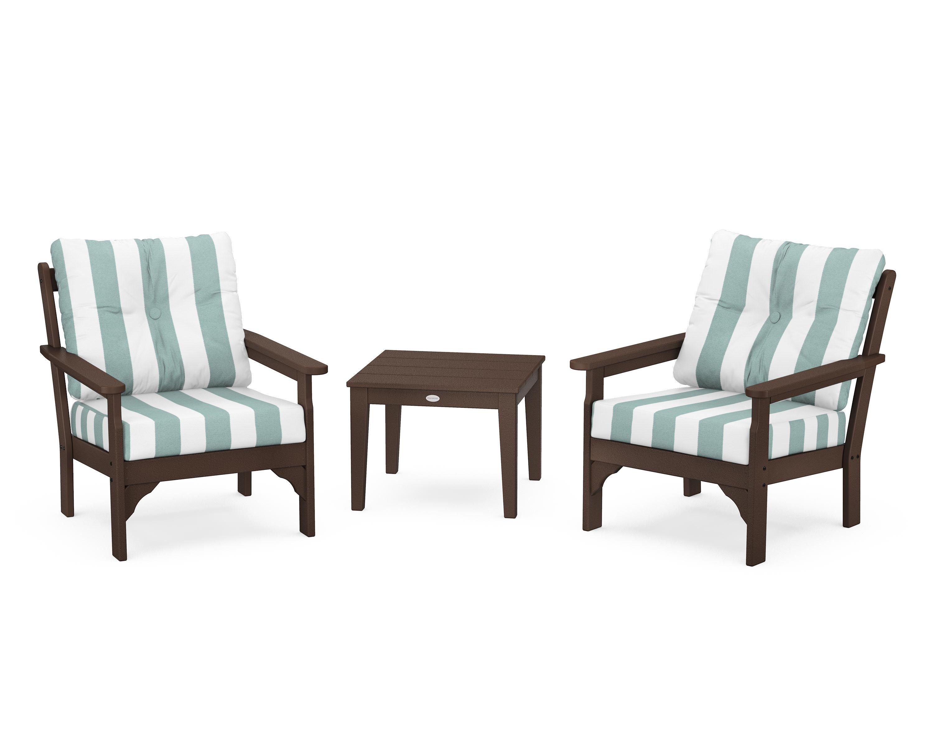 POLYWOOD® Vineyard 3-Piece Deep Seating Set in Mahogany / Cabana Stripe Glacier Spa