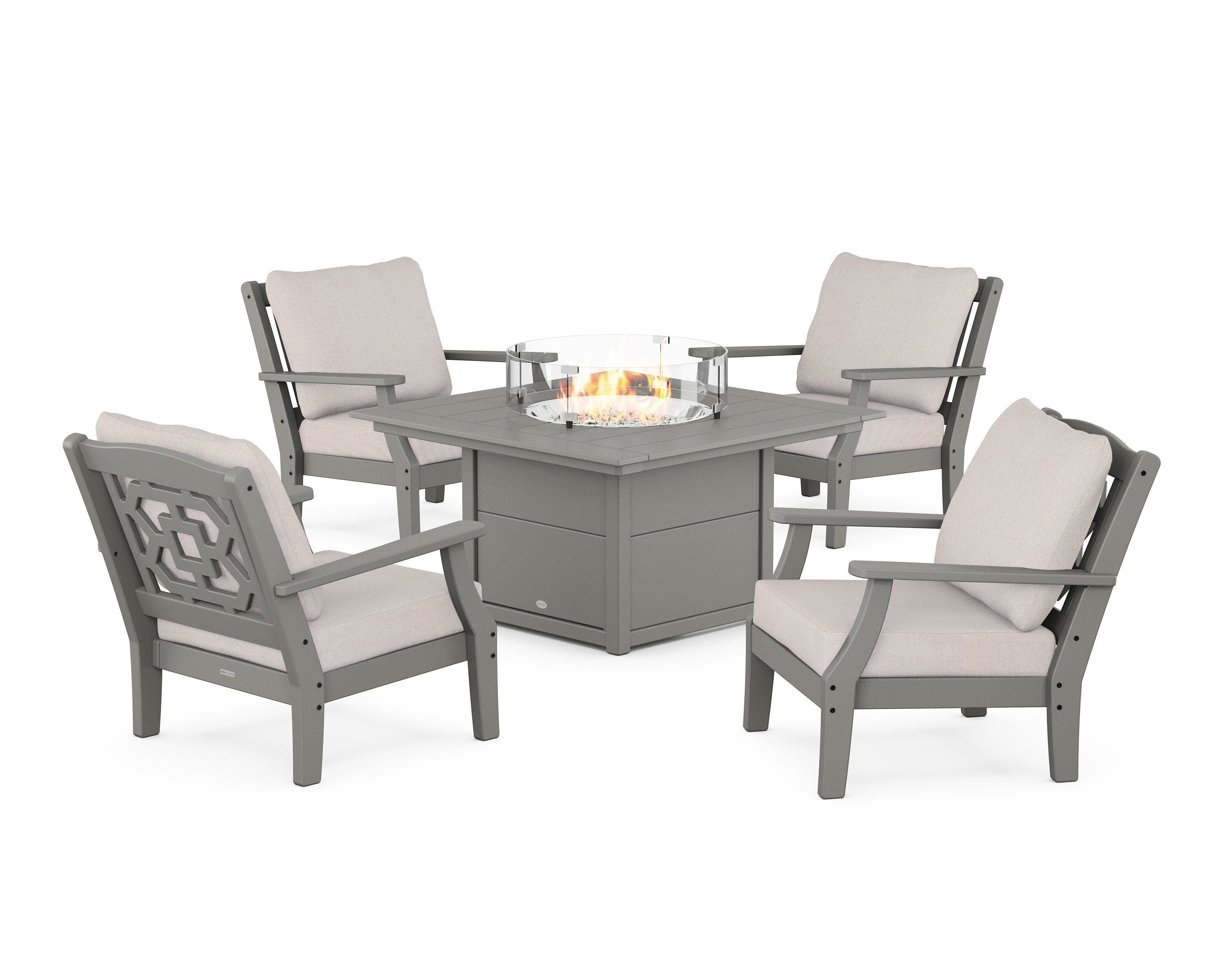Martha Stewart by POLYWOOD® Chinoiserie 5-Piece Deep Seating Set with Fire Pit Table in Slate Grey / Dune Burlap