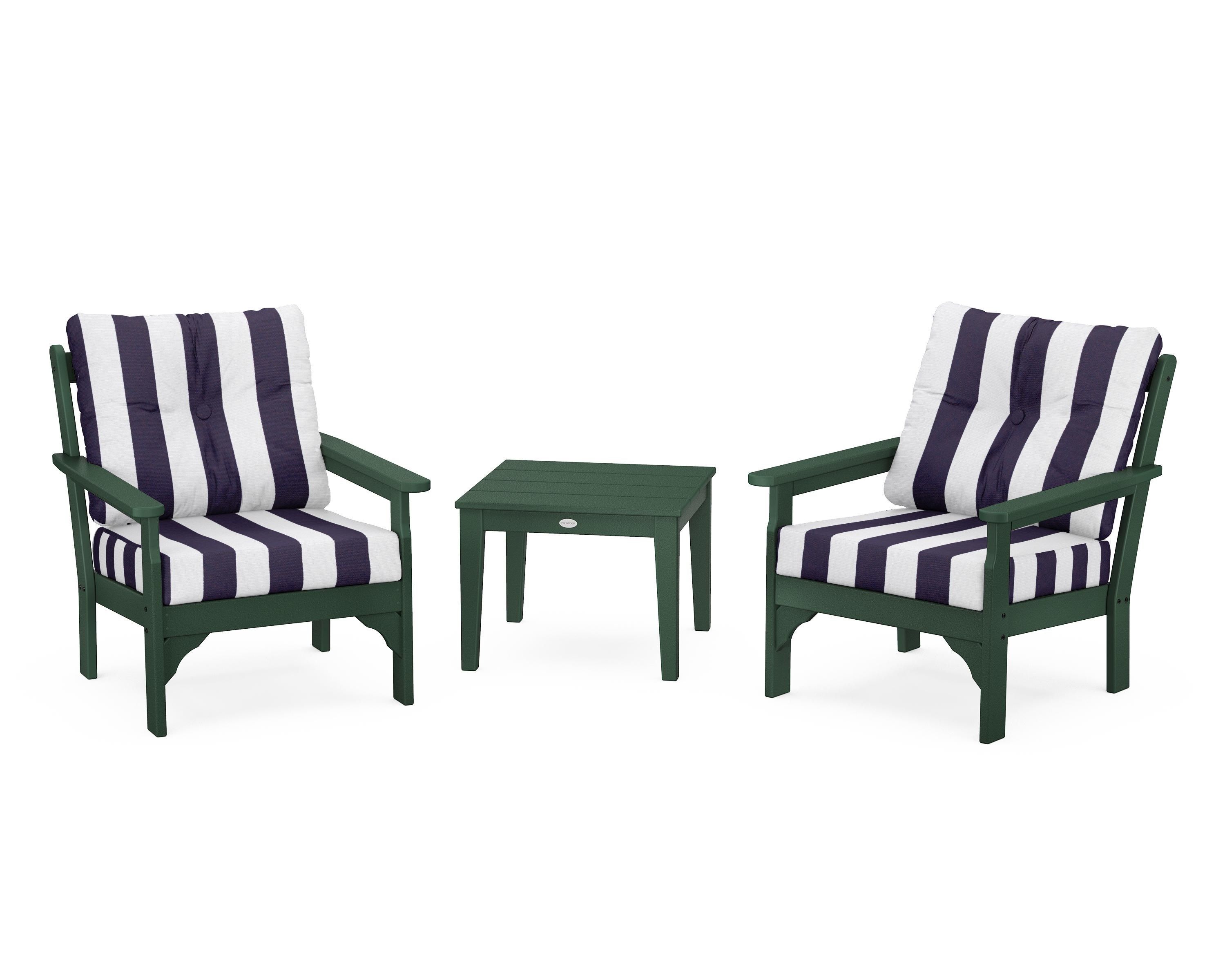 POLYWOOD® Vineyard 3-Piece Deep Seating Set in Green / Cabana Stripe Navy