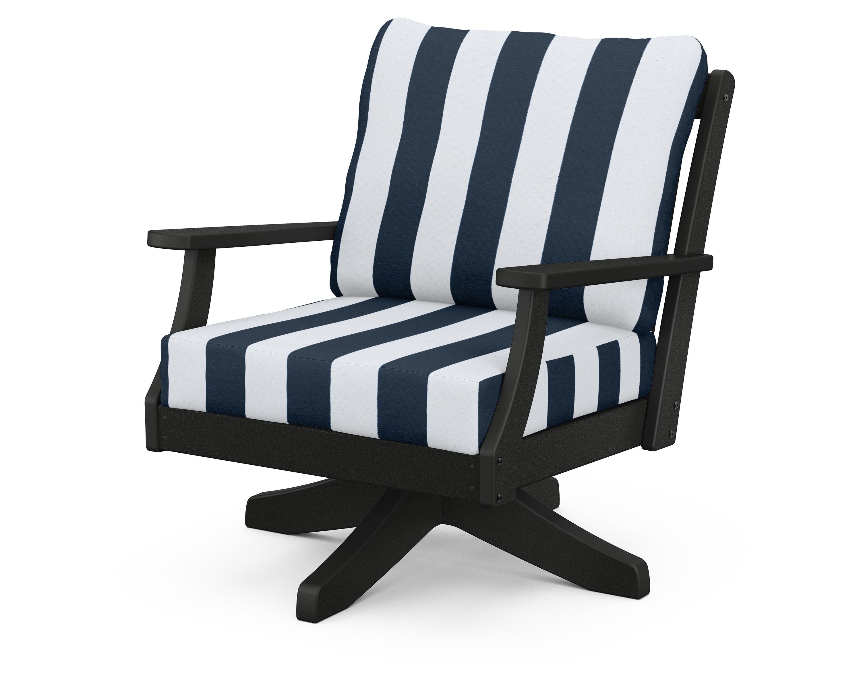 POLYWOOD® Braxton Deep Seating Swivel Chair in Black / Cabana Stripe Marine Indigo