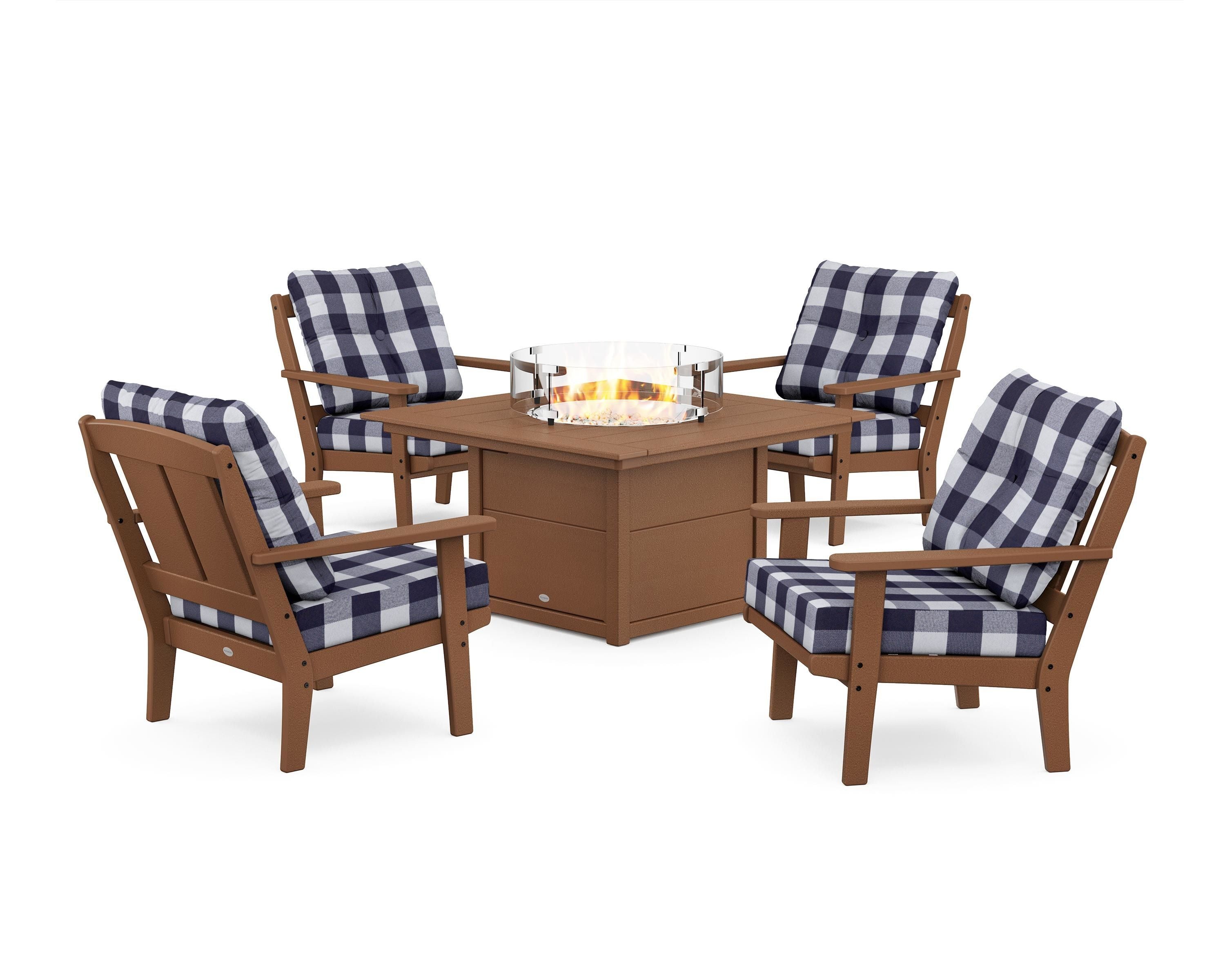 POLYWOOD® Mission 5-Piece Deep Seating Set with Fire Pit Table in Teak / Buffalo Plaid Navy