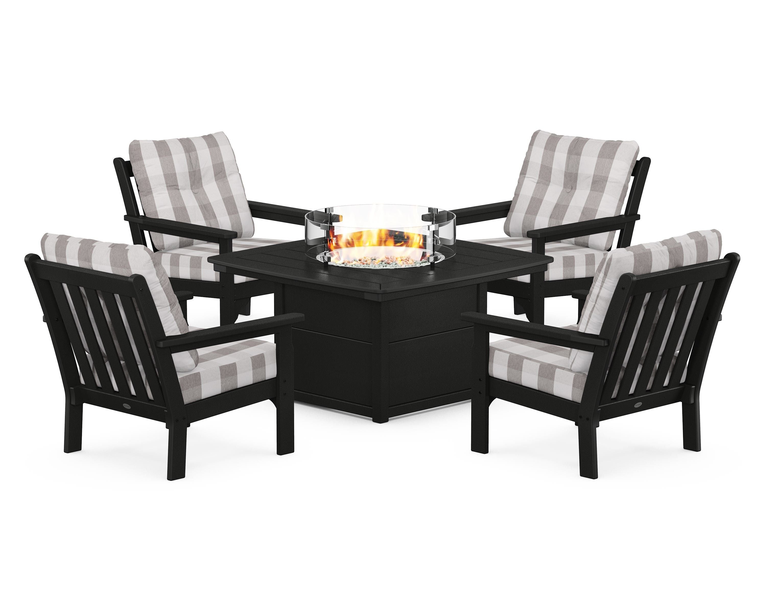 POLYWOOD® Vineyard 5-Piece Conversation Set with Fire Pit Table in Black / Buffalo Plaid Grey Mist