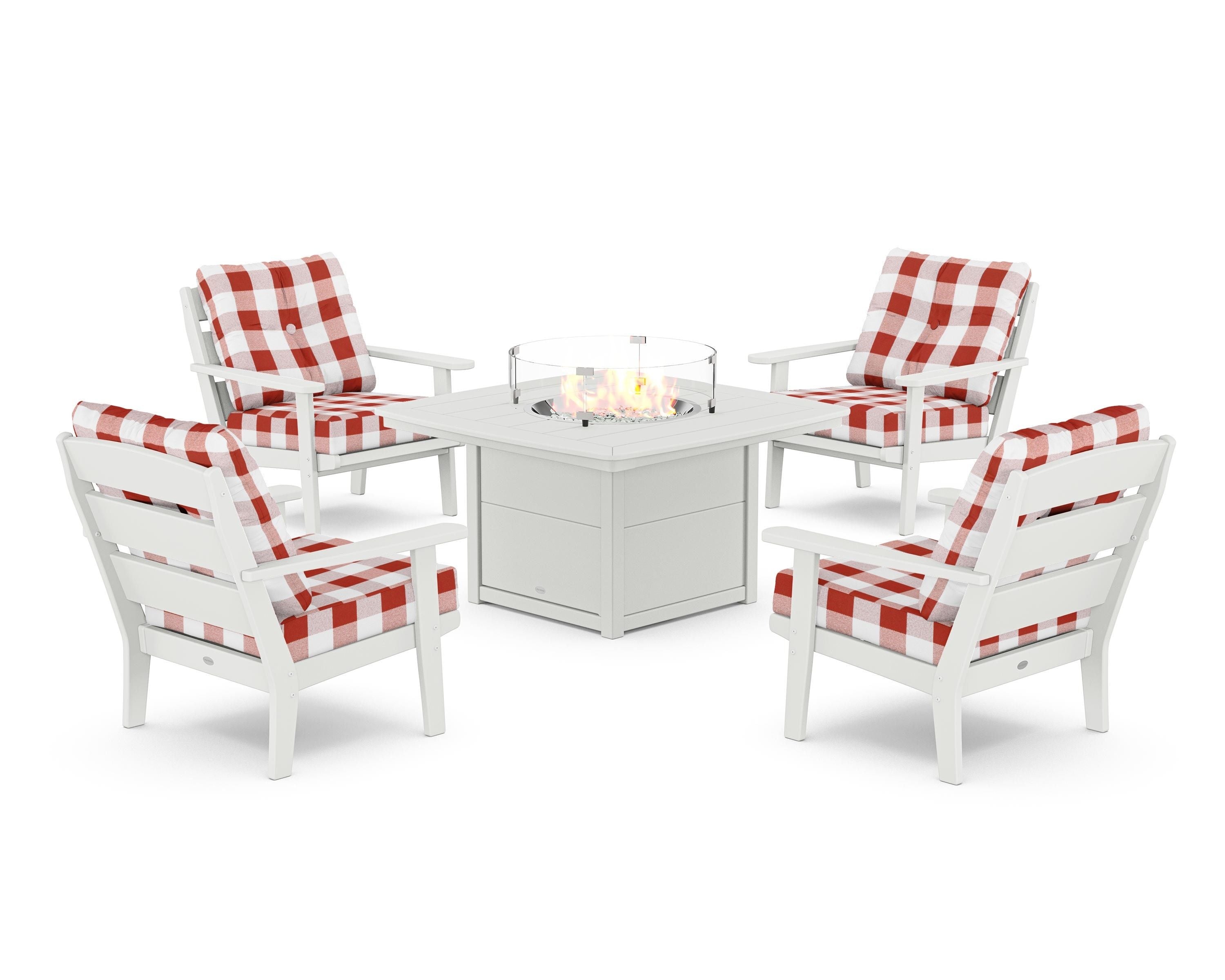 POLYWOOD® Lakeside 5-Piece Deep Seating Set with Nautical Fire Pit Table in White / Buffalo Plaid Crimson