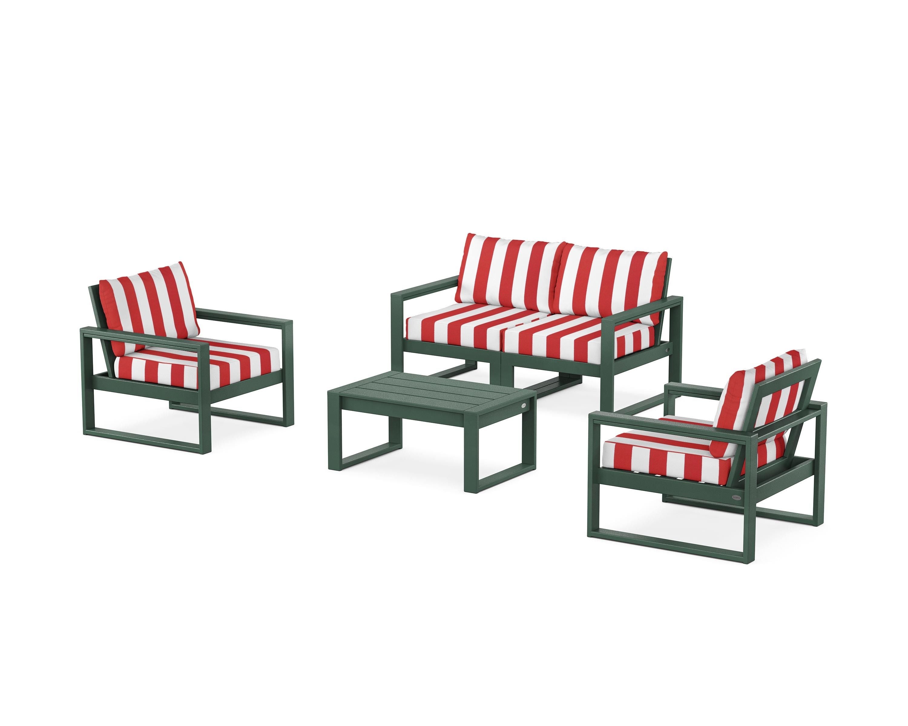 POLYWOOD® EDGE Sectional 4-Piece Deep Seating Set with Loveseat in Green / Cabana Stripe Crimson