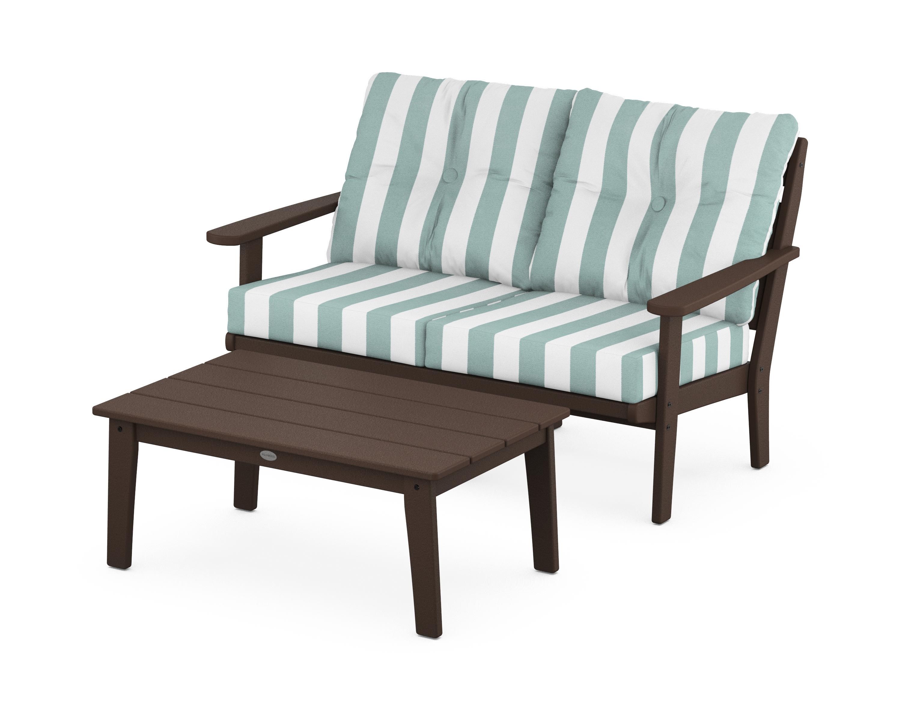 POLYWOOD® Lakeside 2-Piece Lounge Loveseat Set in Mahogany / Cabana Stripe Glacier Spa
