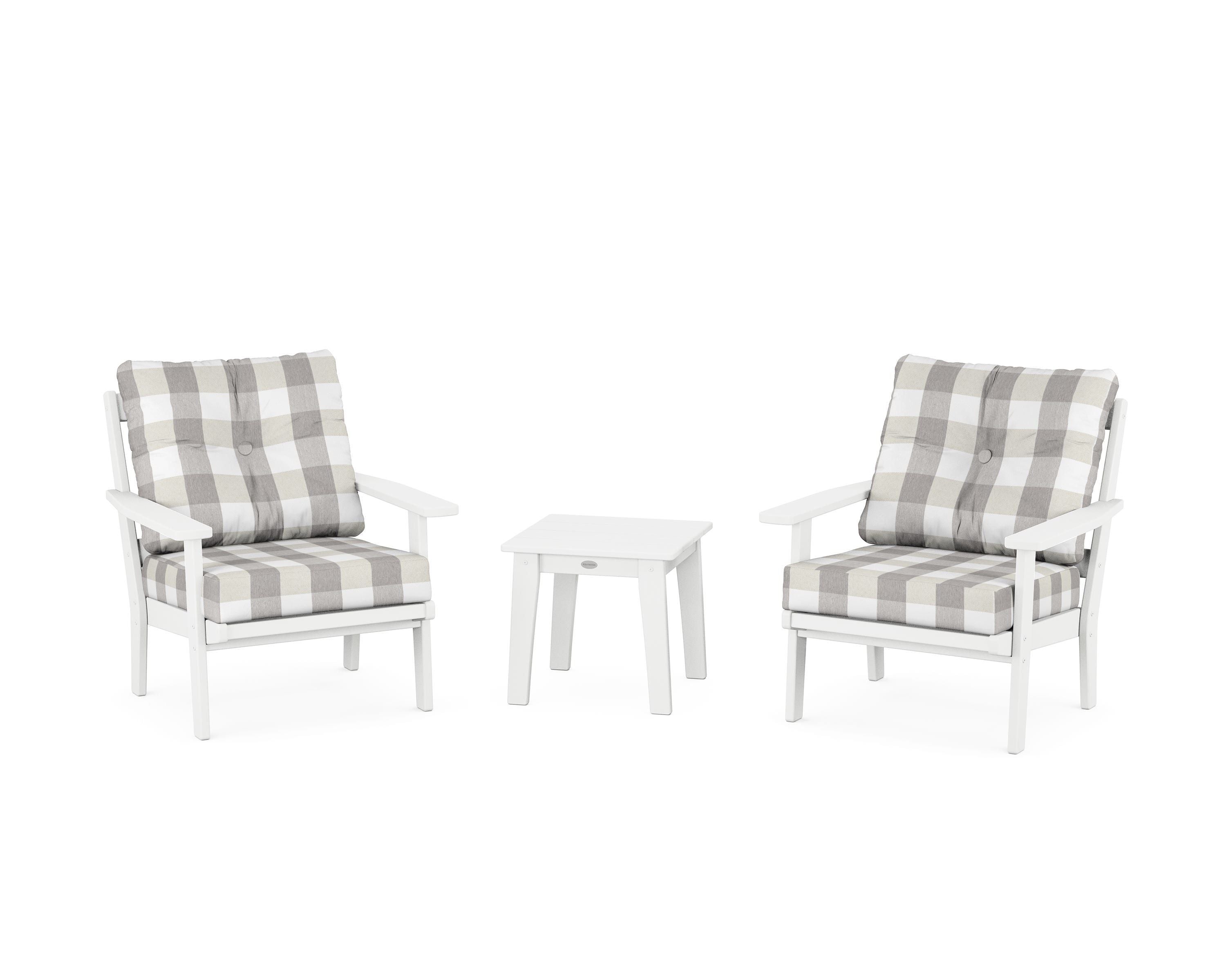 POLYWOOD® Prairie 3-Piece Deep Seating Set in White / Buffalo Plaid Grey Mist