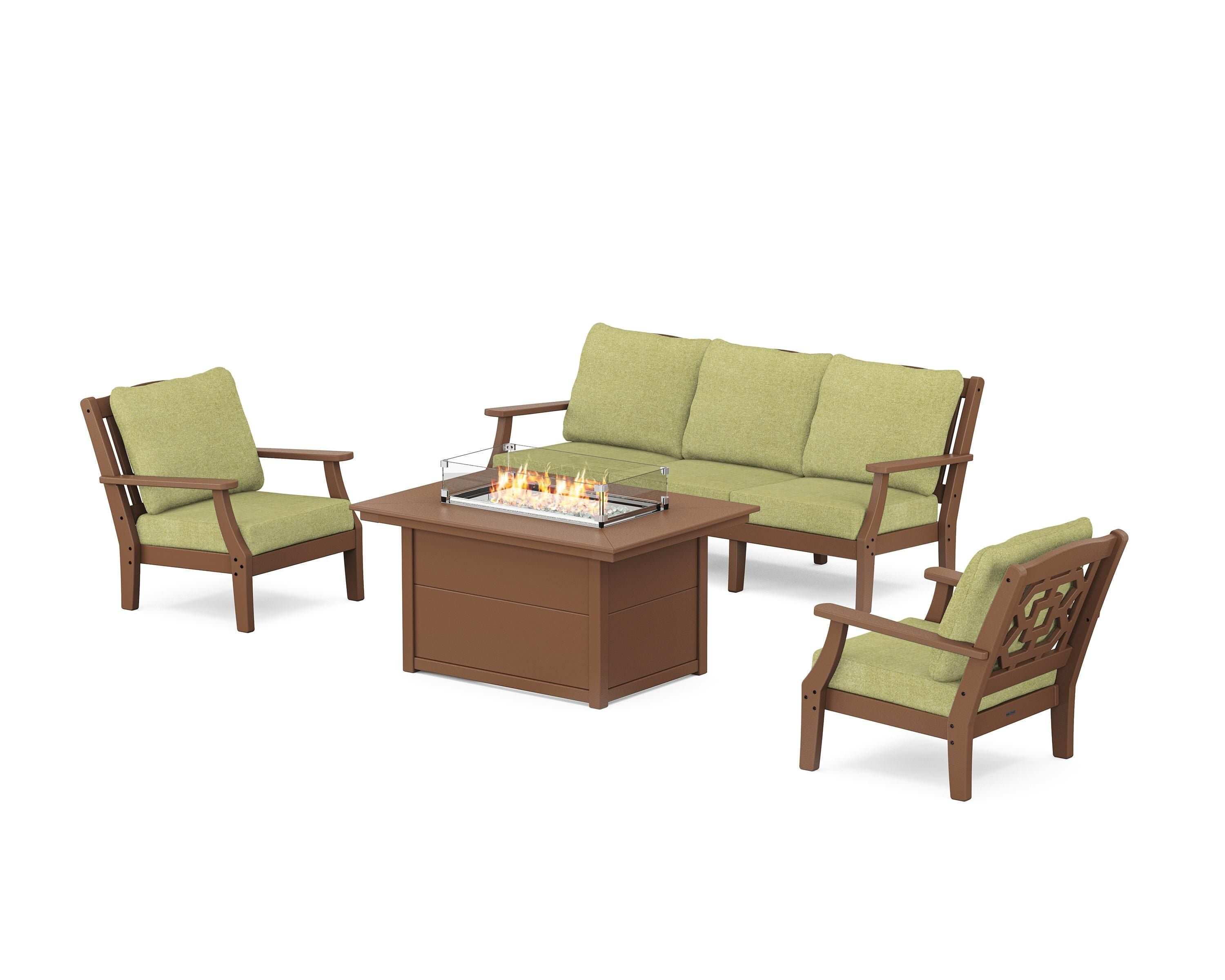 Martha Stewart by POLYWOOD® Chinoiserie Deep Seating Fire Pit Table Set in Teak / Chartreuse Boucle