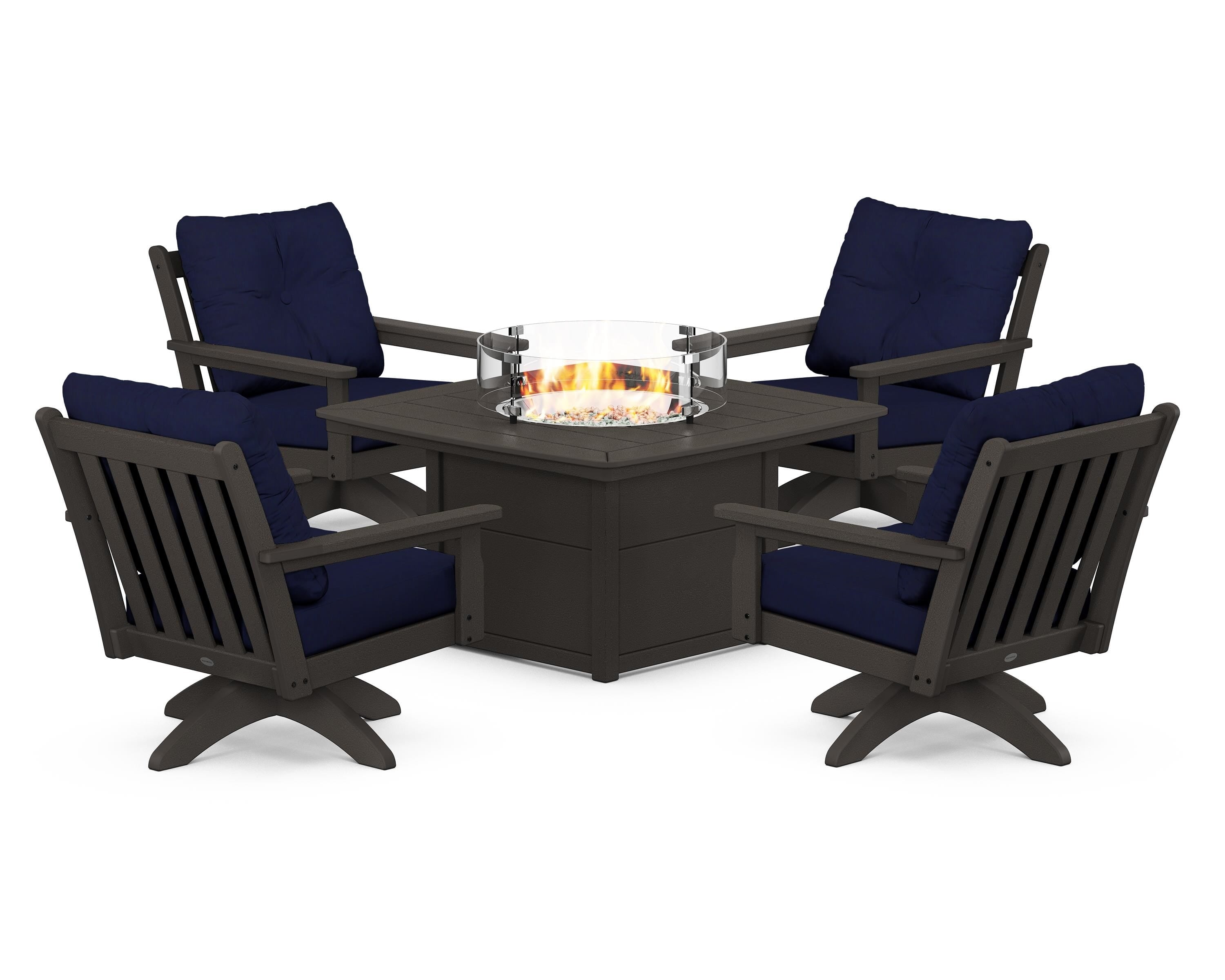 POLYWOOD® Vineyard 5-Piece Deep Seating Swivel Conversation Set with Fire Pit Table in Vintage Coffee / Navy