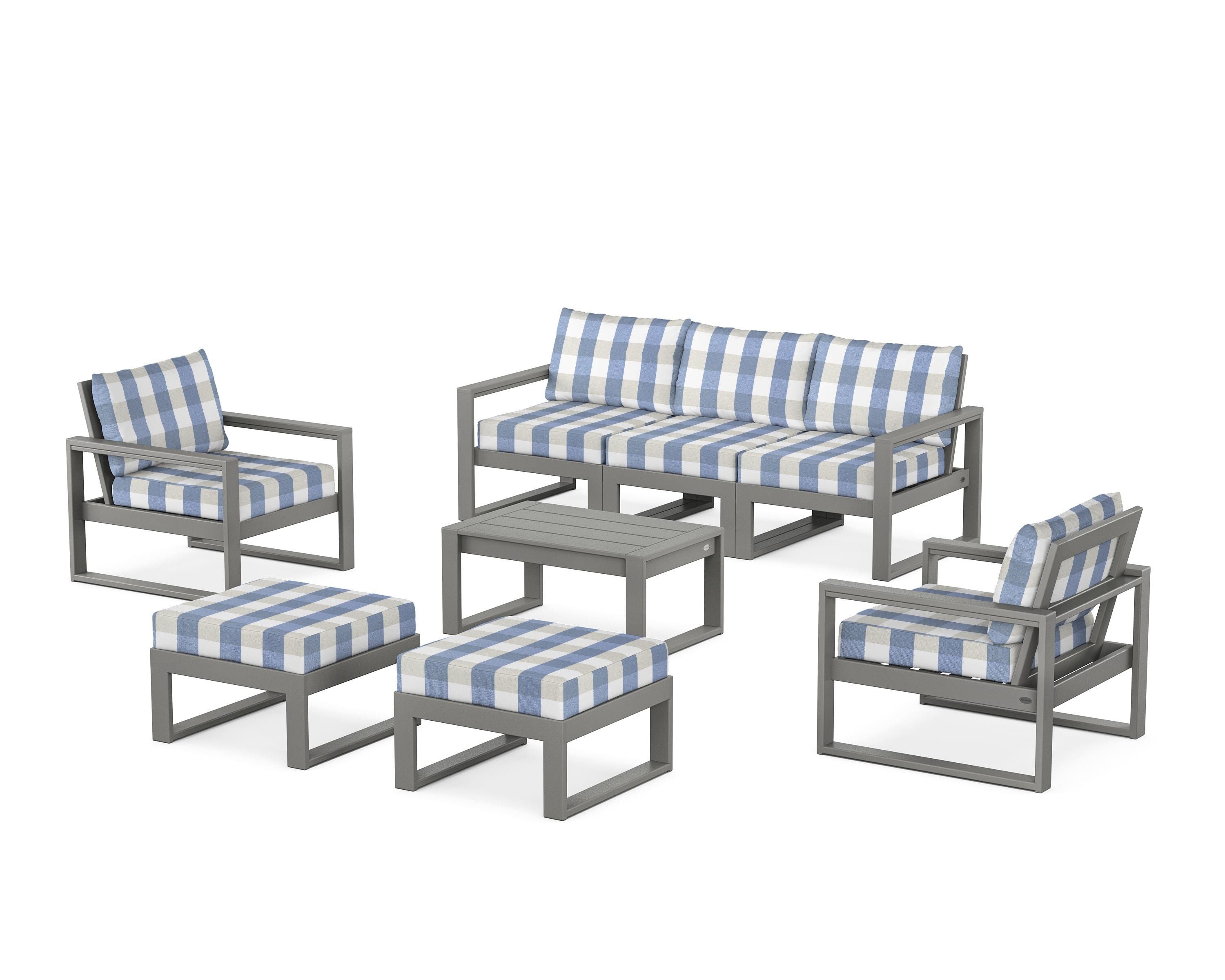 POLYWOOD® EDGE Sectional 8-Piece Lounge Sofa Set in Slate Grey / Buffalo Plaid Sky Blue