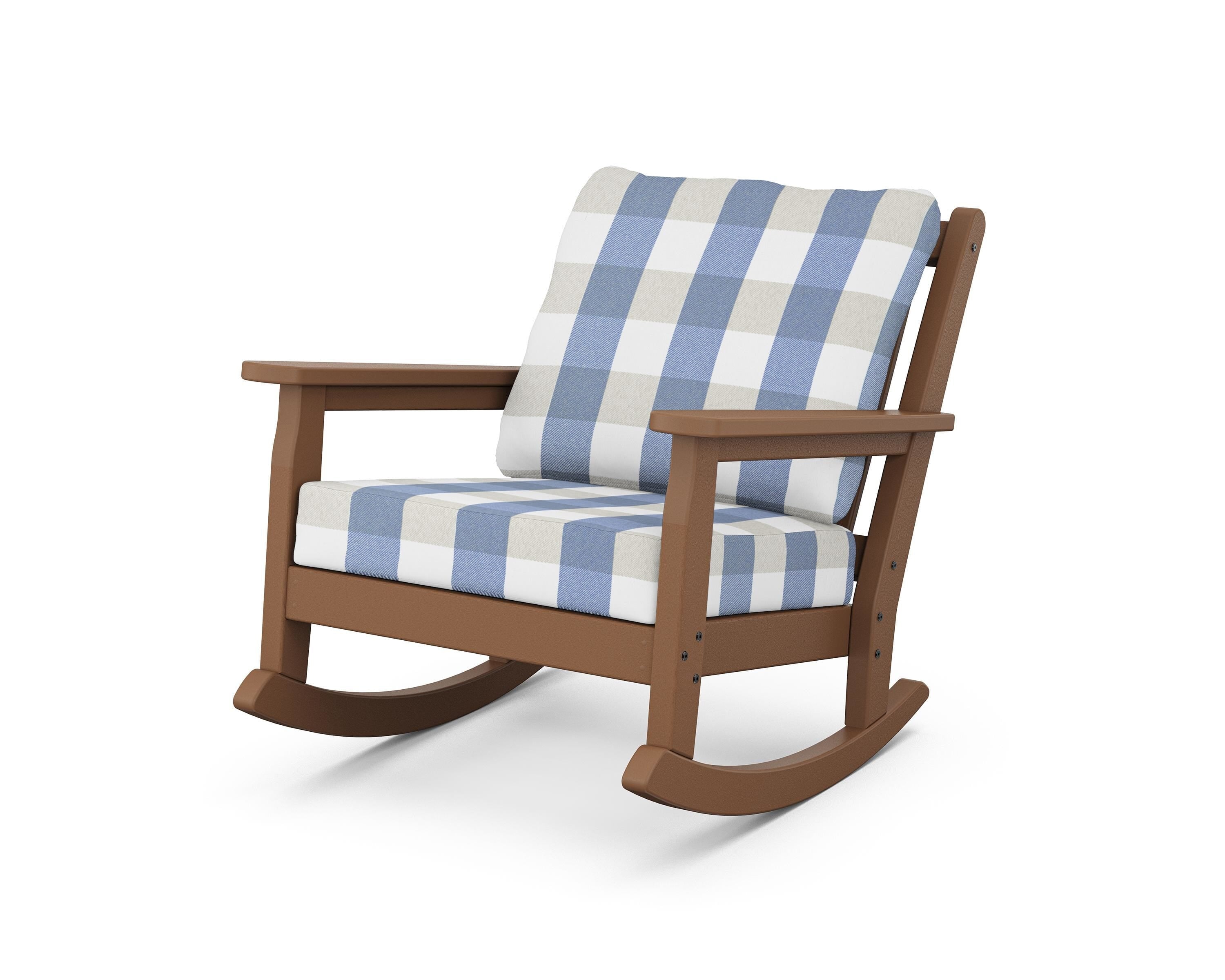 POLYWOOD® Chippendale Deep Seating Rocking Chair in Teak / Buffalo Plaid Sky Blue