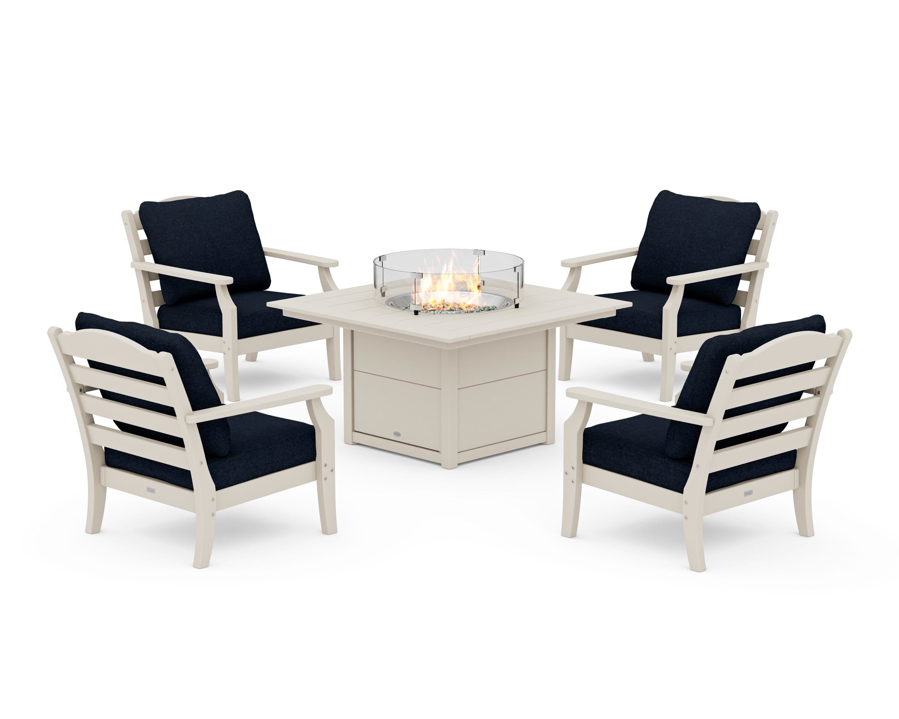Draper James™ by POLYWOOD® Savannah 5-Piece Deep Seating Set with Fire Pit Table in Sand / Marine Indigo