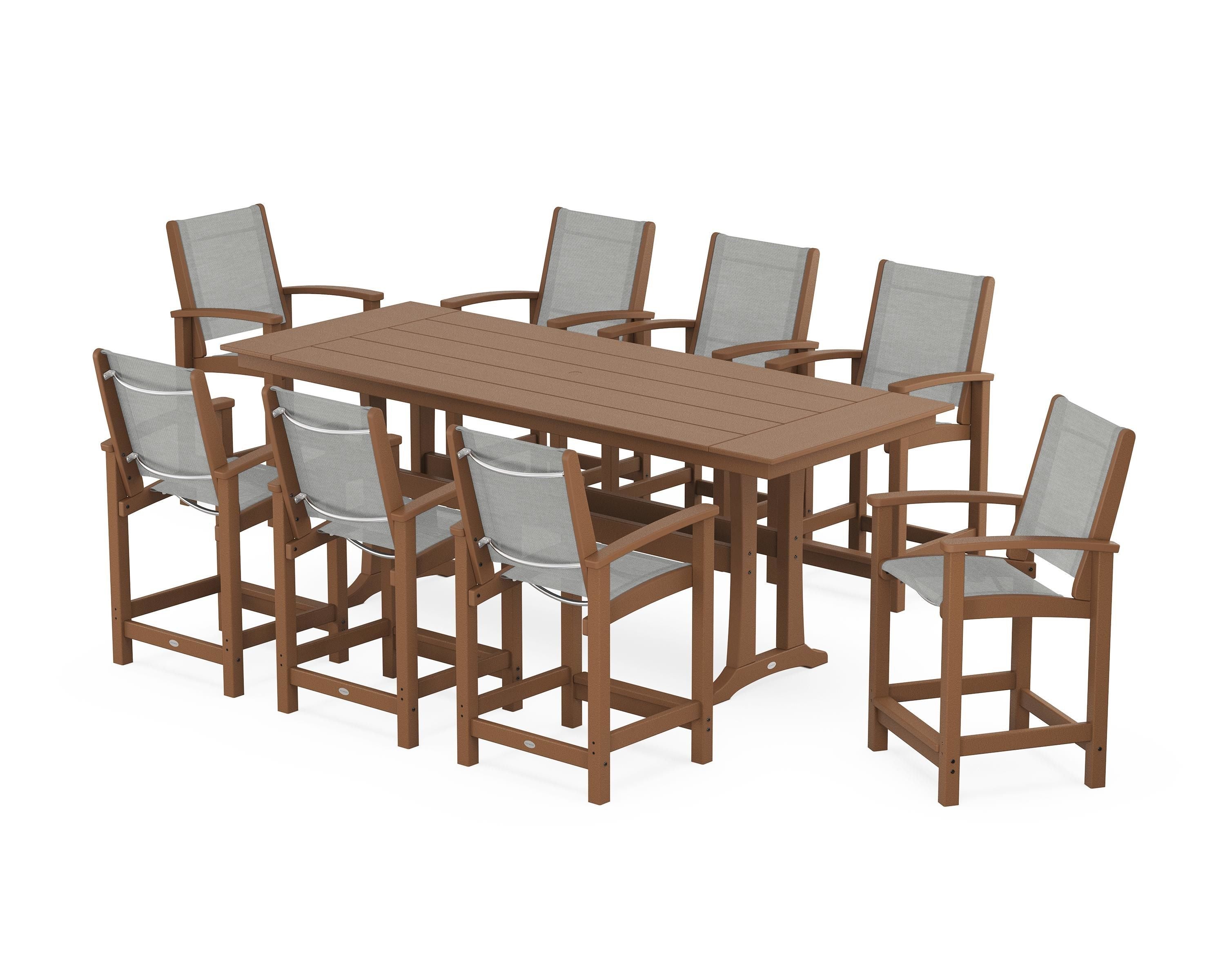 POLYWOOD® Coastal 9-Piece Farmhouse Counter Set with Trestle Legs in Teak / Metallic Sling