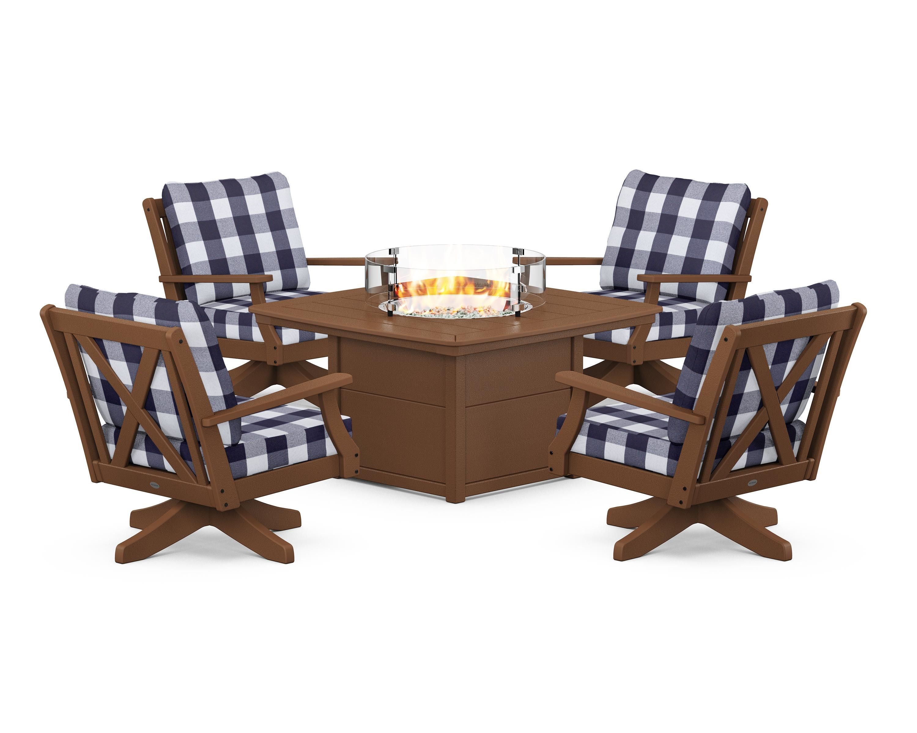 POLYWOOD® Braxton 5-Piece Deep Seating Swivel Conversation Set with Fire Pit Table in Teak / Buffalo Plaid Navy