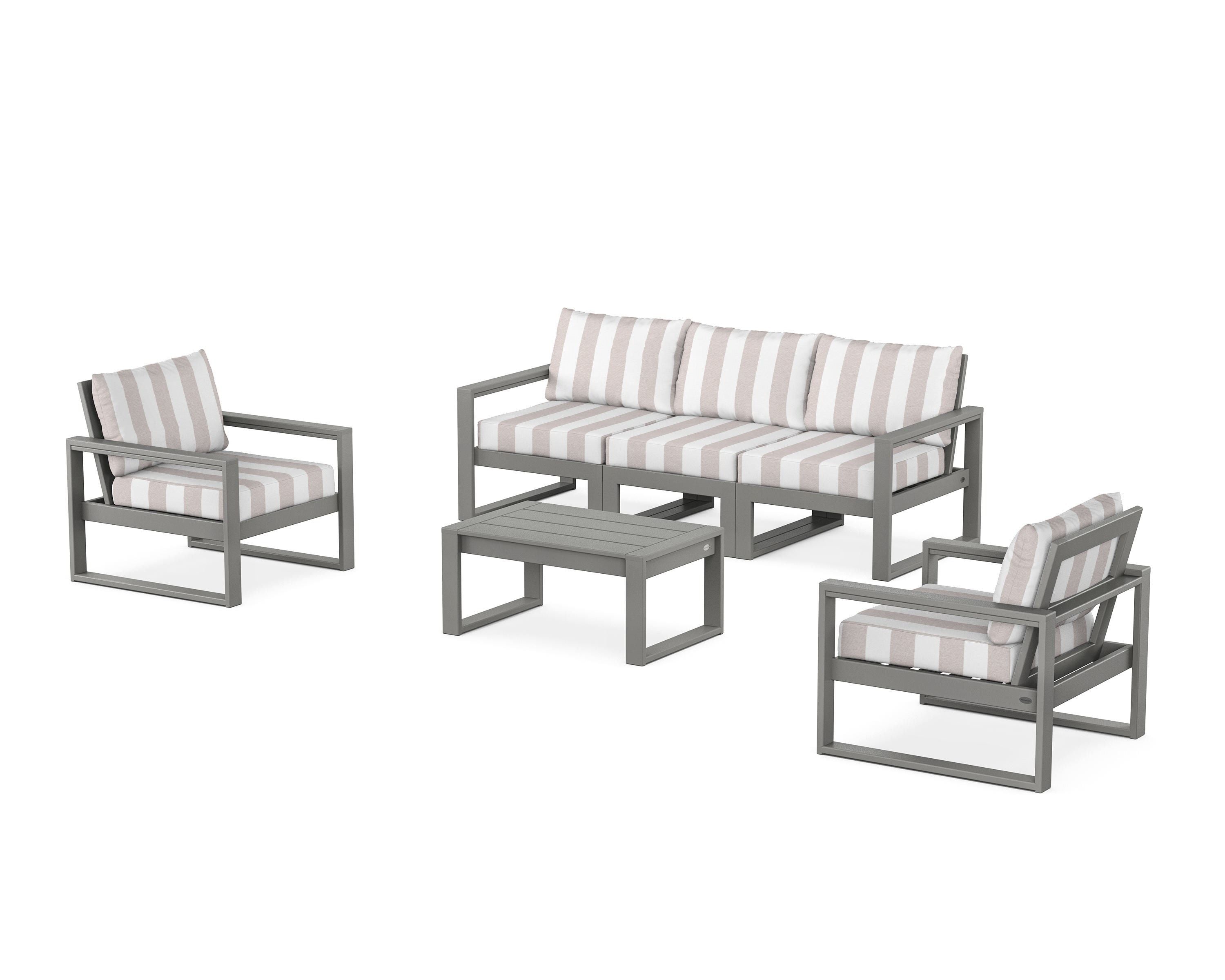 POLYWOOD® EDGE Sectional 4-Piece Deep Seating Set with Sofa in Slate Grey / Cabana Stripe Dune Burlap