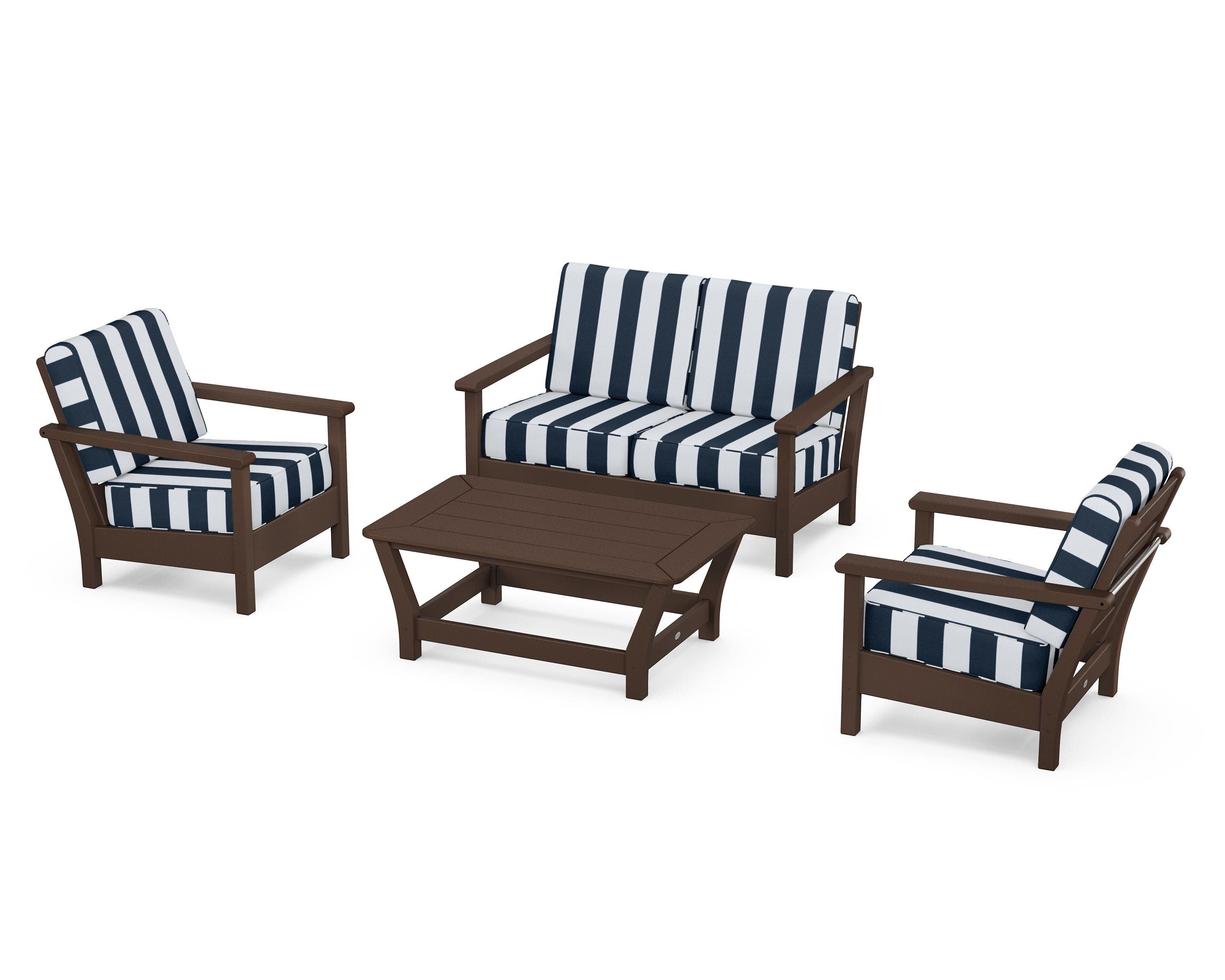 POLYWOOD® Harbour 4-Piece Deep Seating Set in Mahogany / Cabana Stripe Marine Indigo