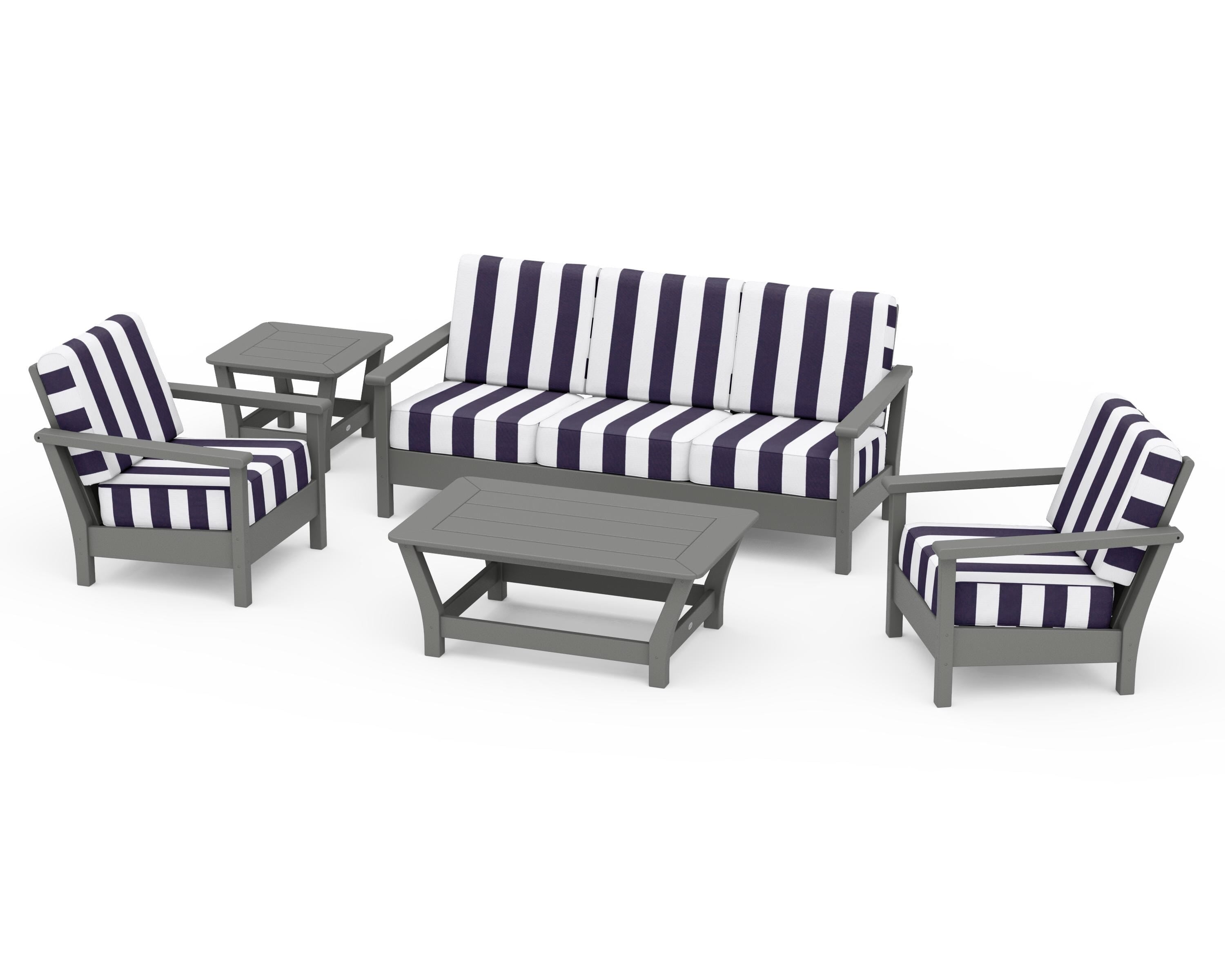 POLYWOOD® Harbour 5-Piece Deep Seating Set in Slate Grey / Cabana Stripe Navy