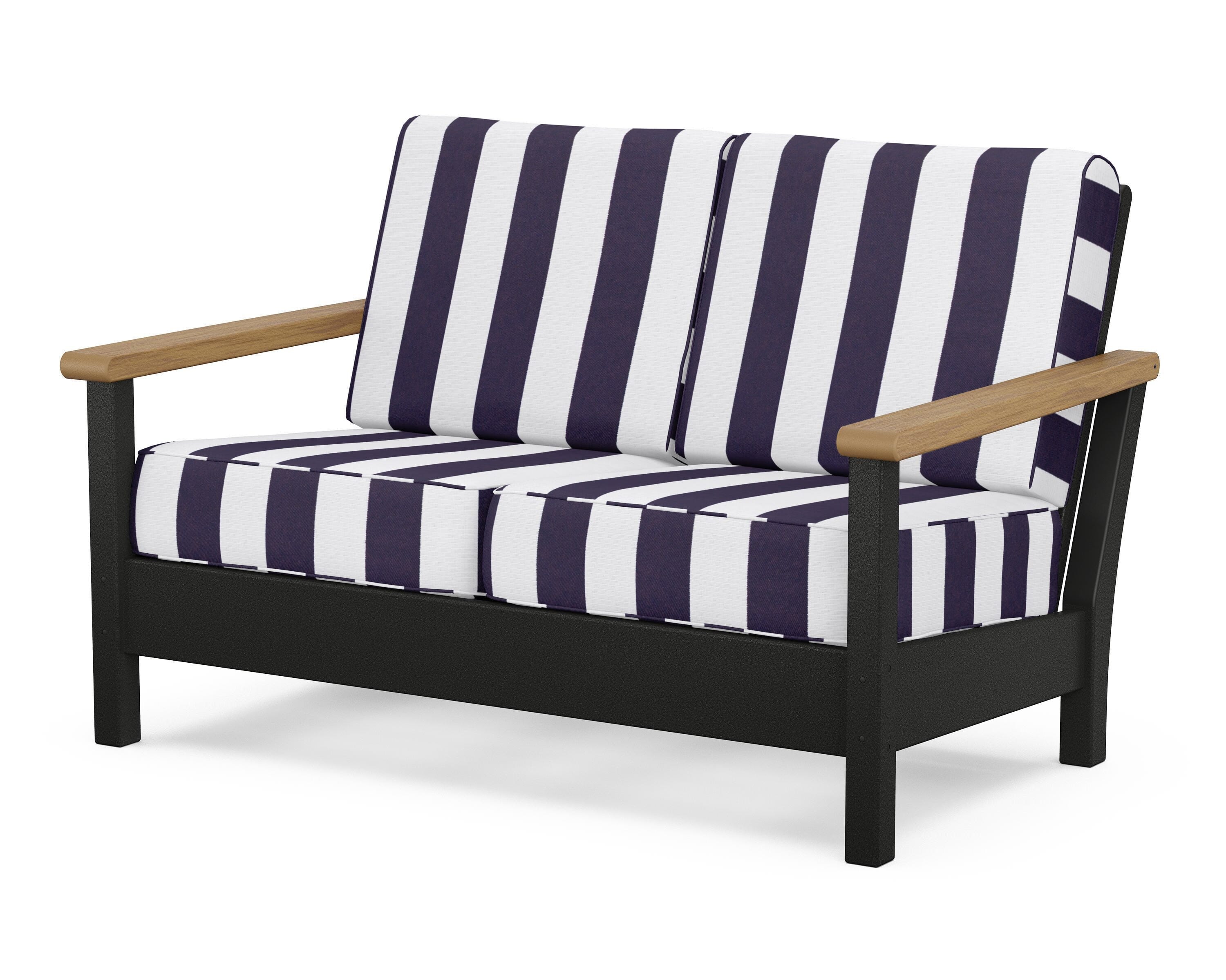 POLYWOOD® Harbour Deep Seating Loveseat in Black / Natural / Cabana Stripe Navy