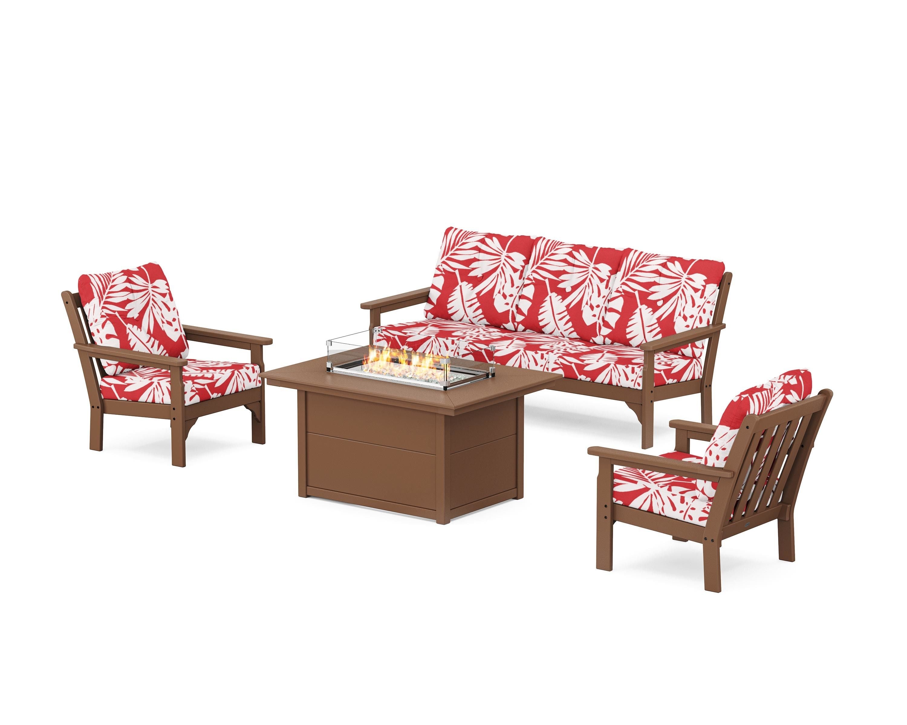POLYWOOD® Vineyard Deep Seating Fire Pit Table Set in Teak / Leaf Crimson