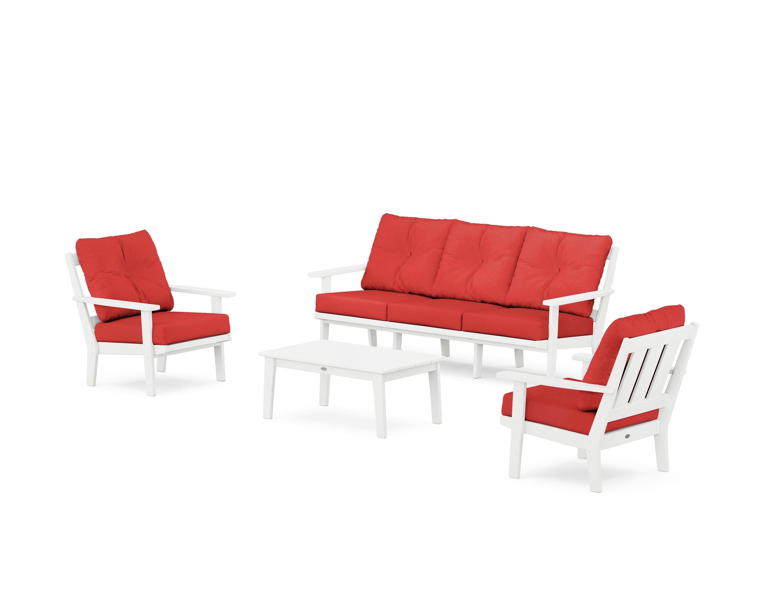 POLYWOOD® Oxford 4-Piece Deep Seating Set with Sofa in White / Crimson Linen