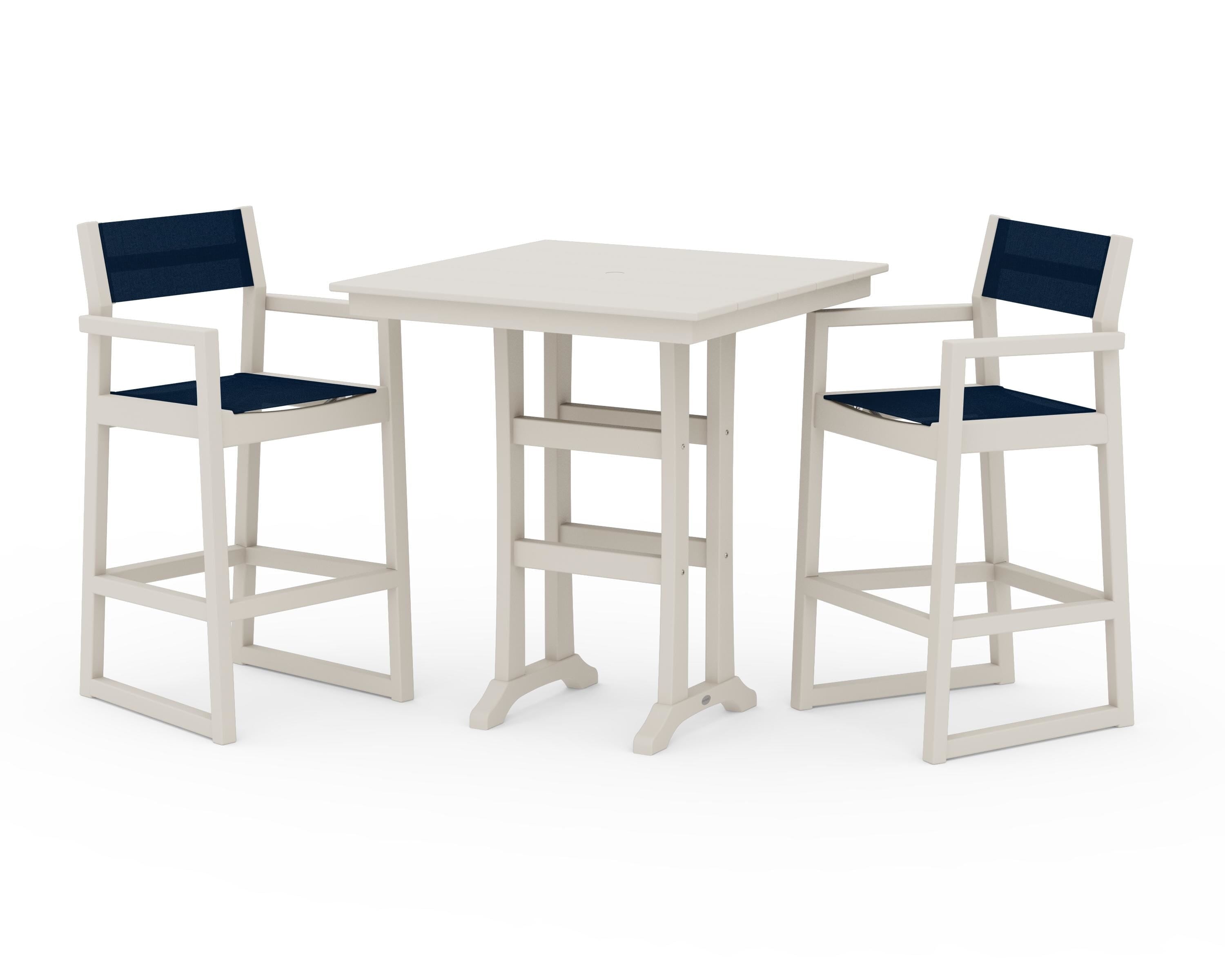POLYWOOD® EDGE Sling Arm Chair 3-Piece Farmhouse Bar Set with Trestle Legs in Sand / Navy Blue Sling