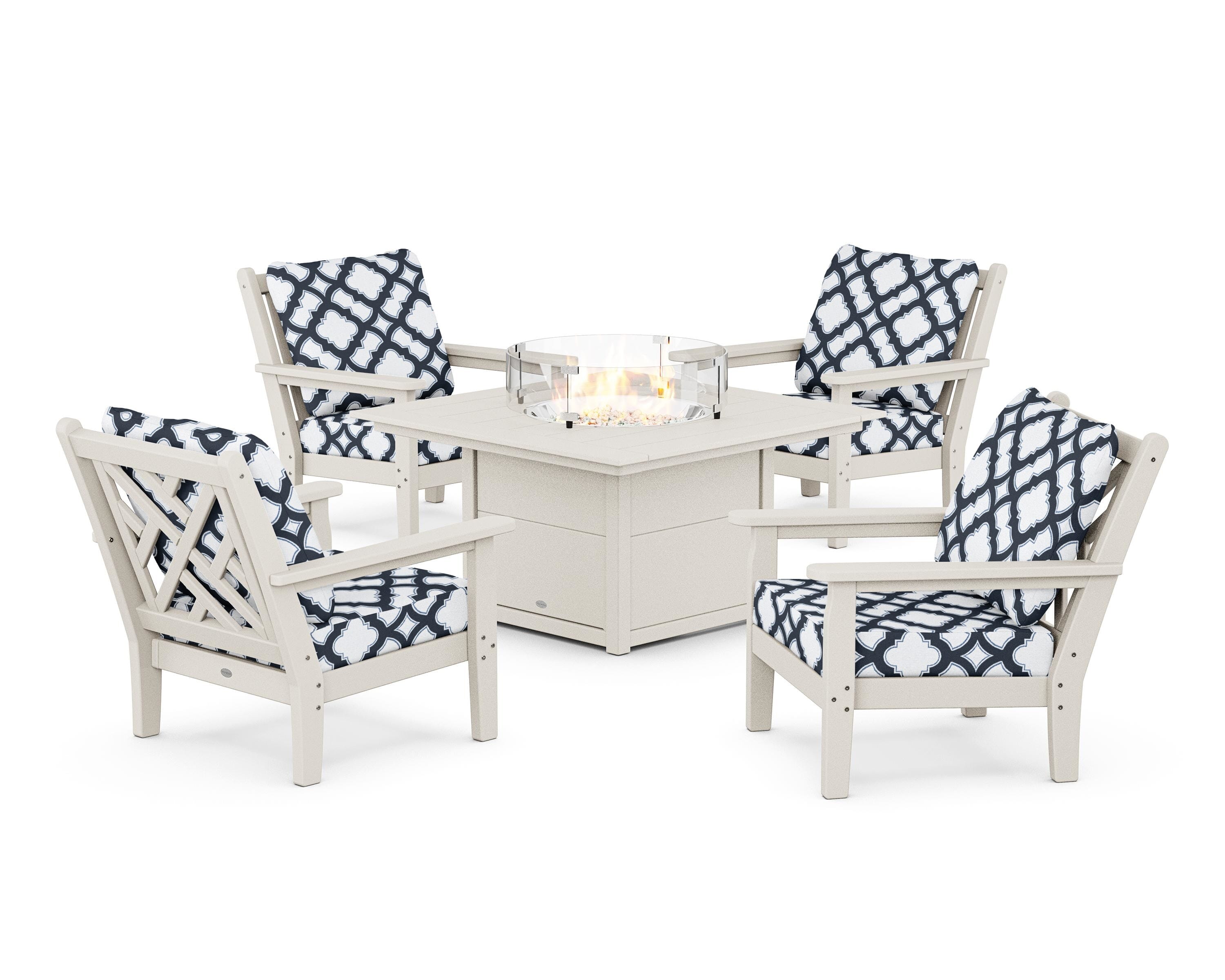 POLYWOOD® Chippendale 5-Piece Deep Seating Set with Fire Pit Table in Sand / Trellis Marine Indigo