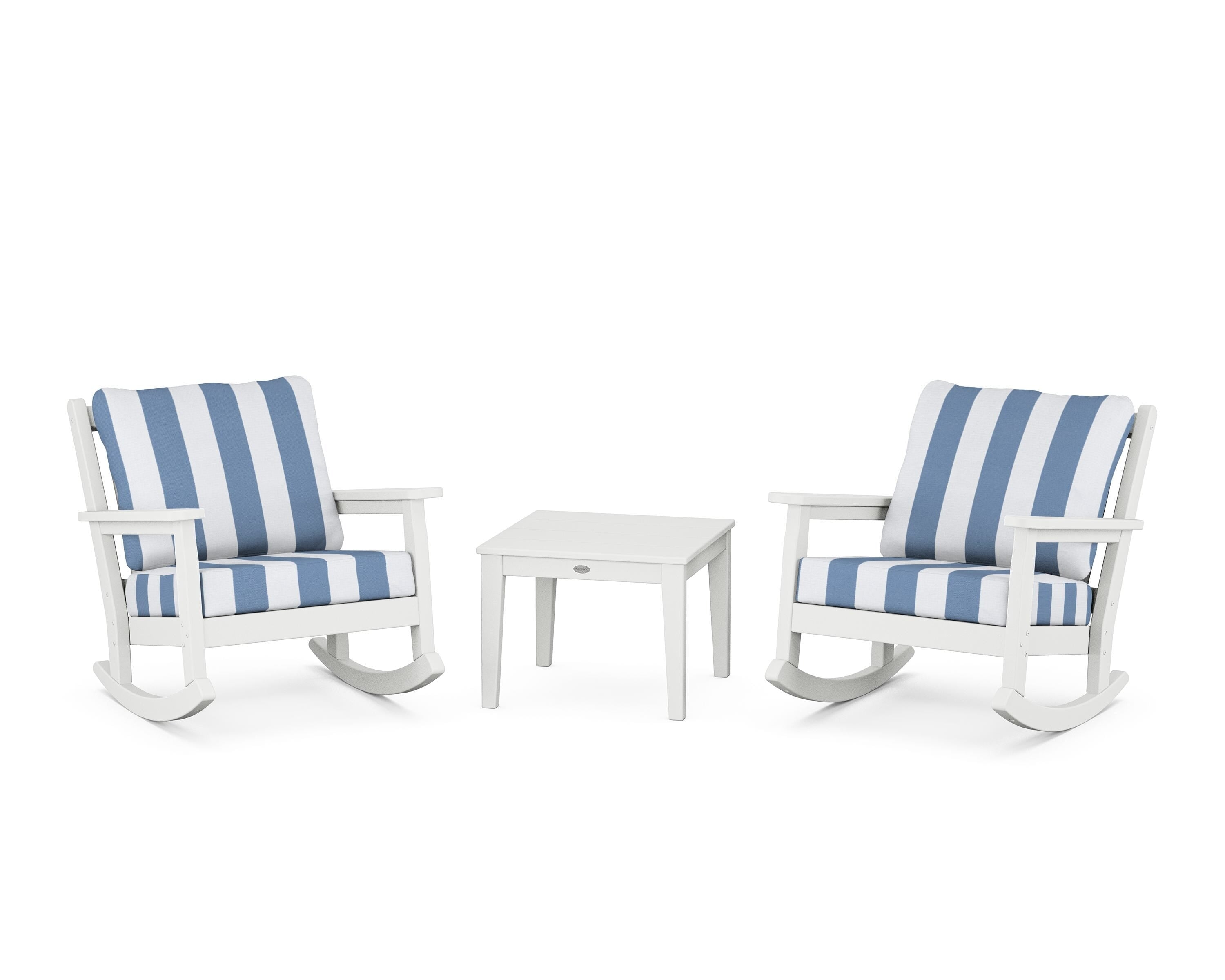 POLYWOOD® Chippendale 3-Piece Deep Seating Rocker Set in White / Cabana Stripe Sky Blue