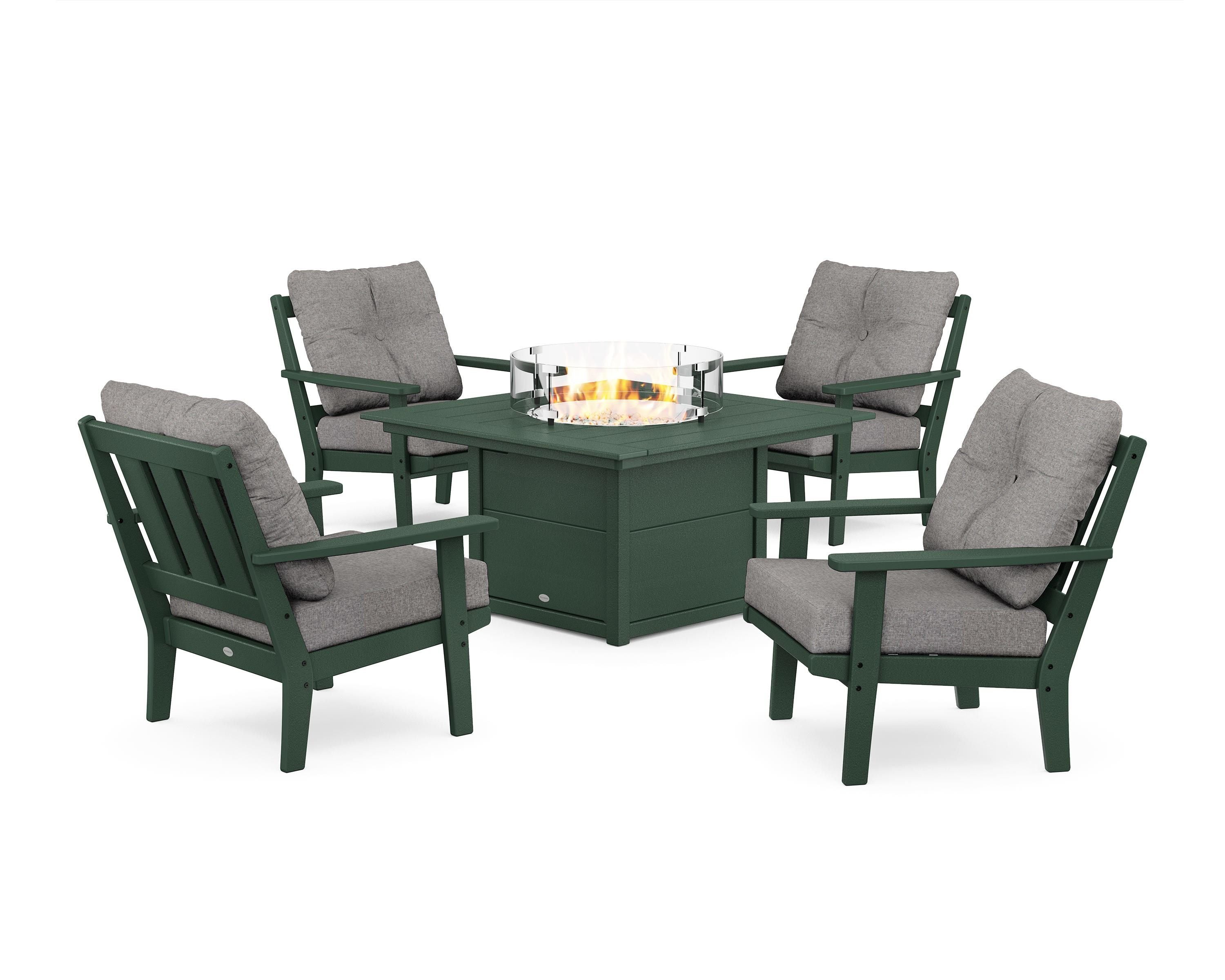 POLYWOOD® Oxford 5-Piece Deep Seating Set with Fire Pit Table in Green / Grey Mist