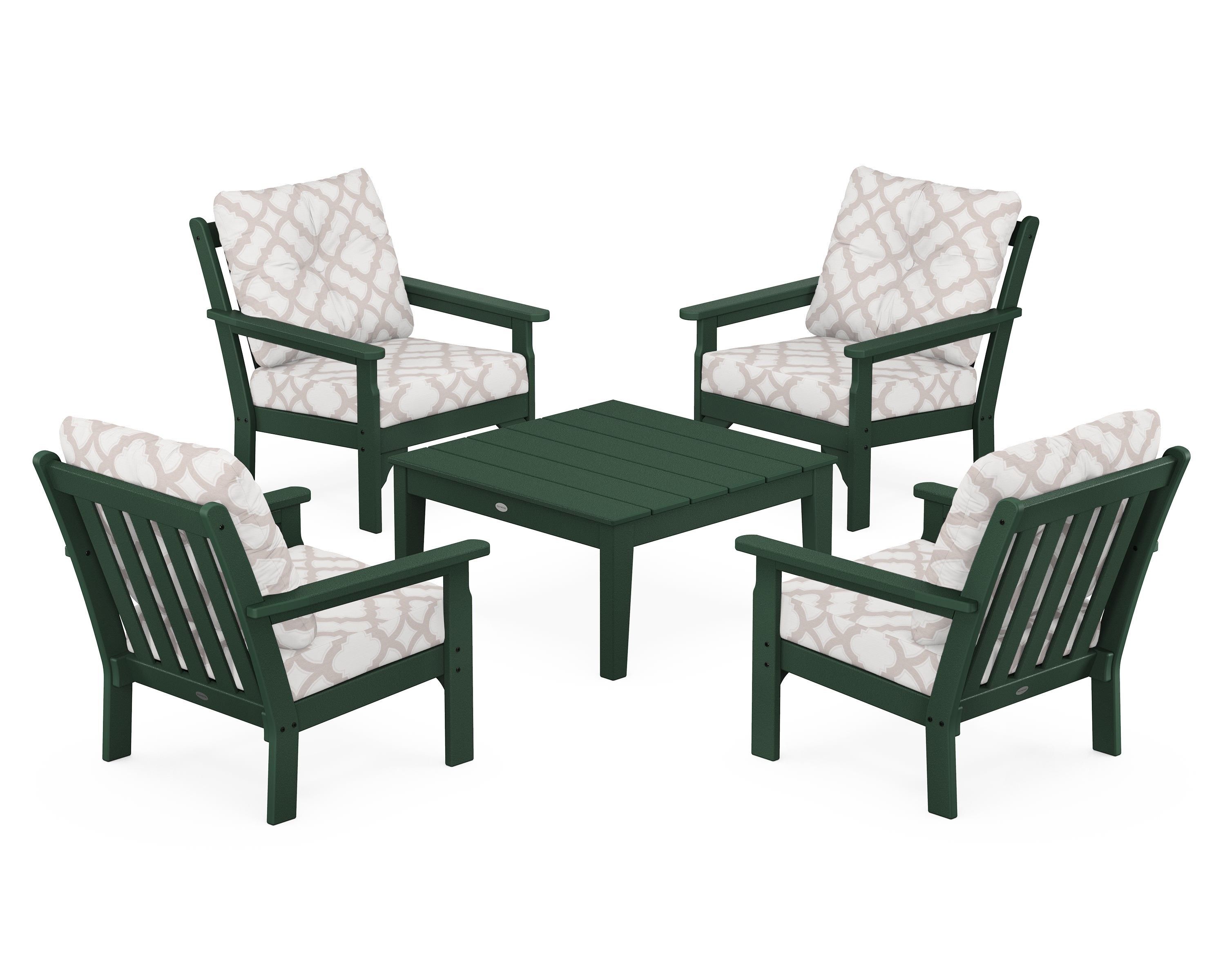 POLYWOOD® Vineyard 5-Piece Deep Seating Conversation Set in Green / Trellis Dune Burlap