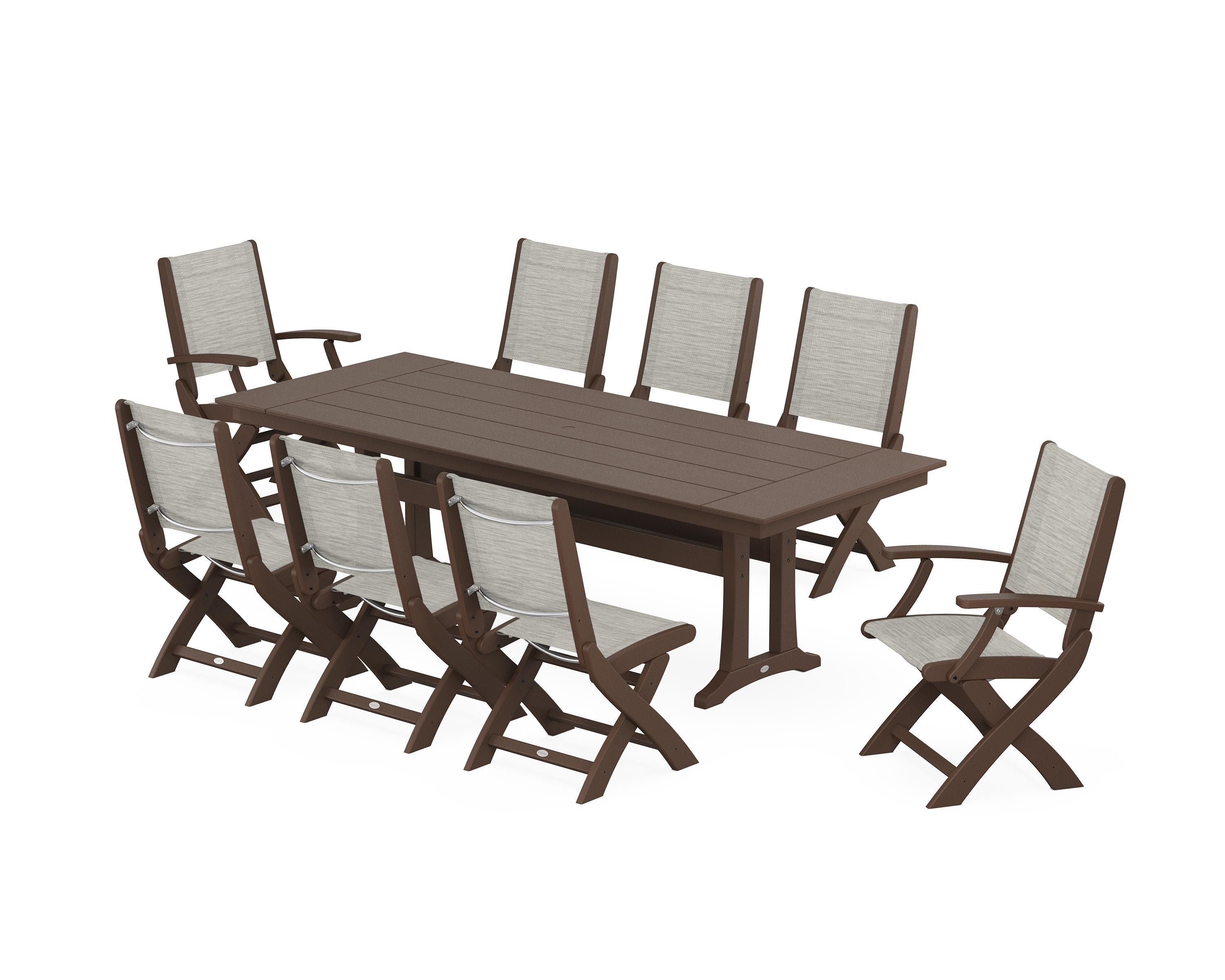 POLYWOOD® Coastal 9-Piece Folding Dining Chair Farmhouse Dining Set with Trestle Legs in Mahogany / Birch Sling