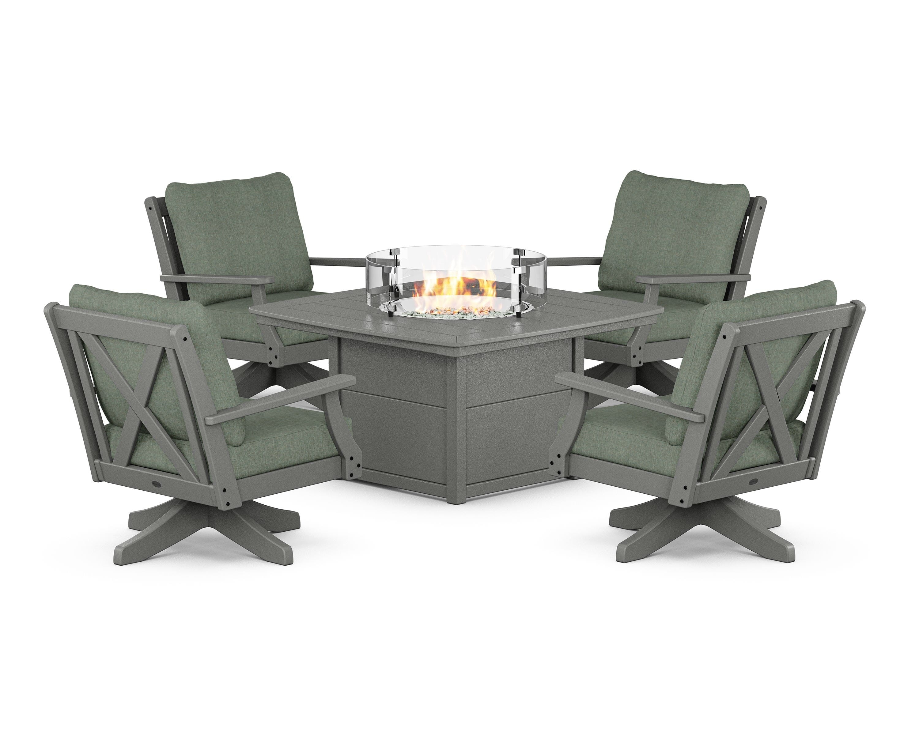 POLYWOOD® Braxton 5-Piece Deep Seating Swivel Conversation Set with Fire Pit Table in Slate Grey / Cast Sage
