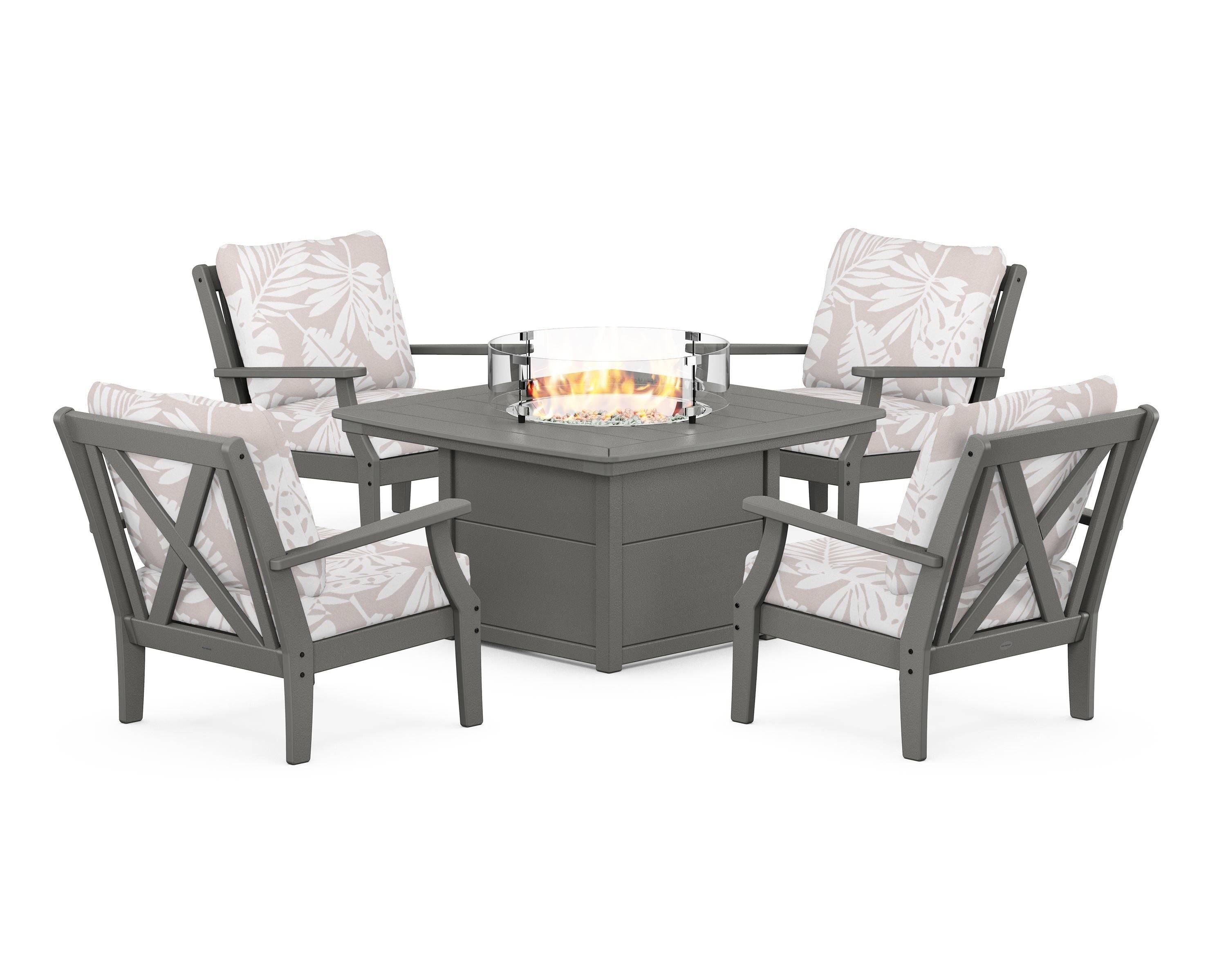 POLYWOOD® Braxton 5-Piece Deep Seating Conversation Set with Fire Pit Table in Slate Grey / Leaf Dune Burlap