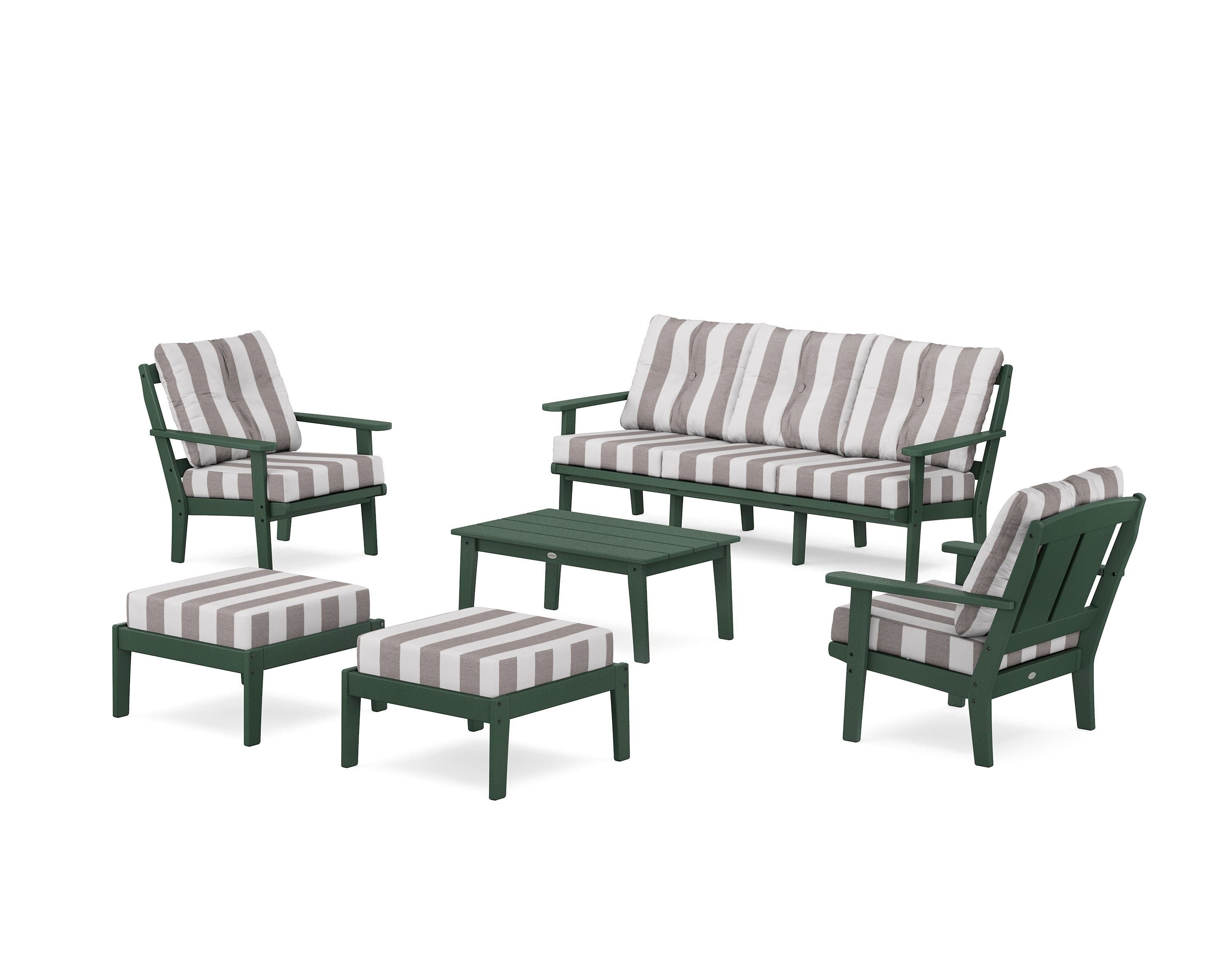 POLYWOOD® Mission 6-Piece Lounge Sofa Set in Green / Cabana Stripe Grey Mist