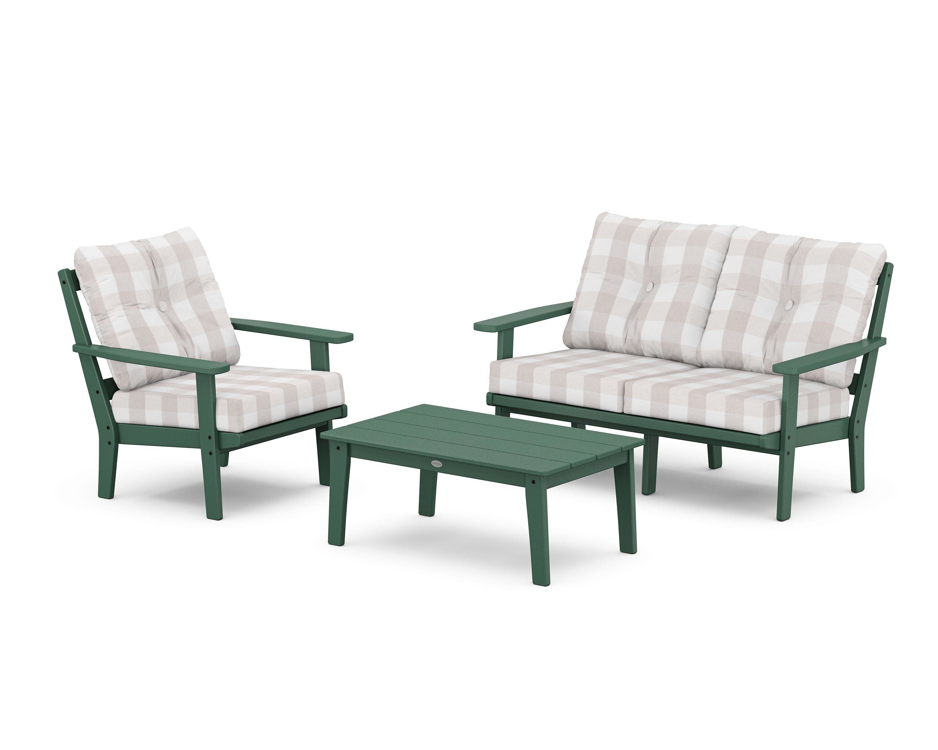 POLYWOOD® Prairie 3-Piece Deep Seating Set with Loveseat in Green / Buffalo Plaid Dune Burlap