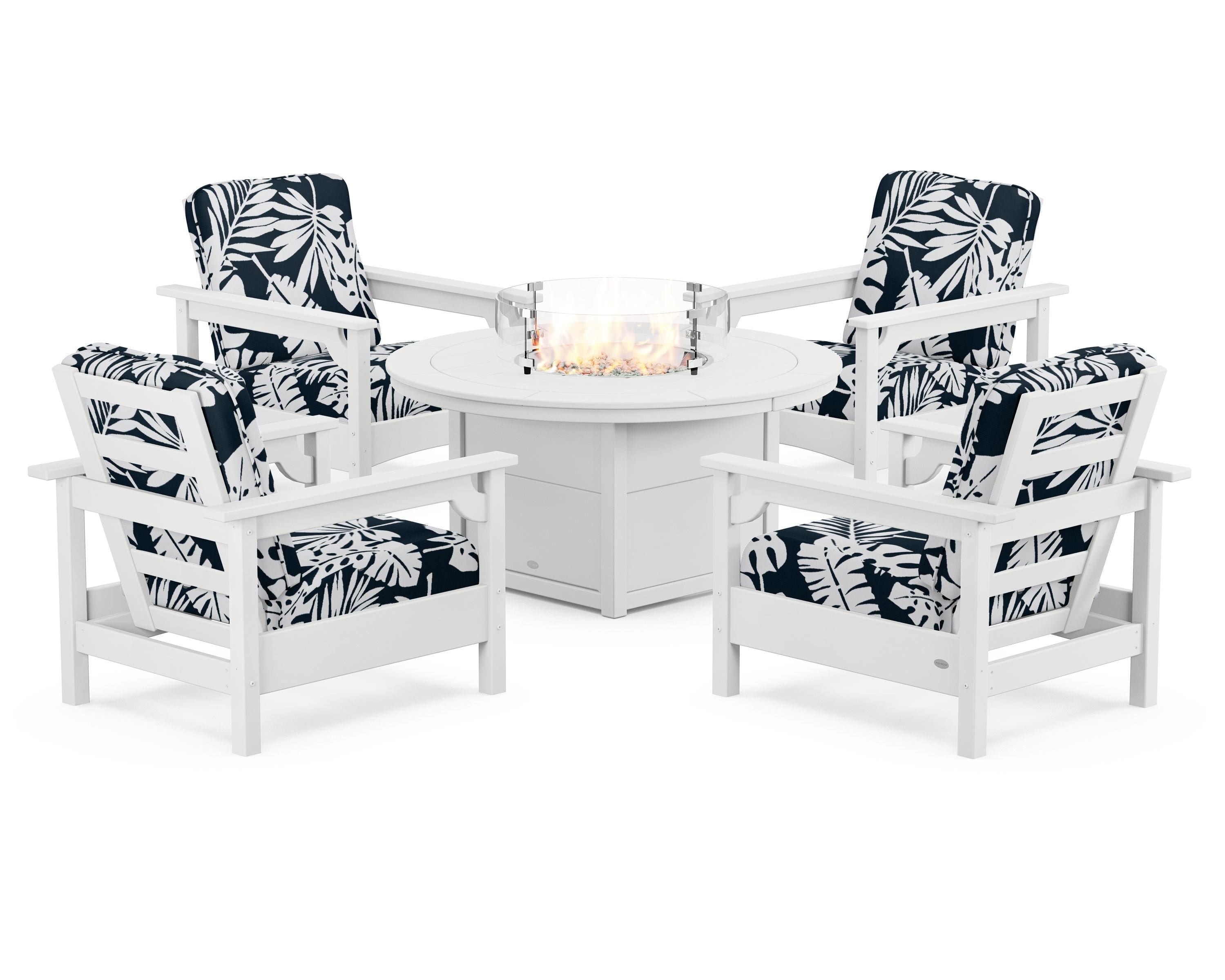 POLYWOOD® Club 5-Piece Conversation Set with Fire Pit Table in White / Leaf Marine Indigo