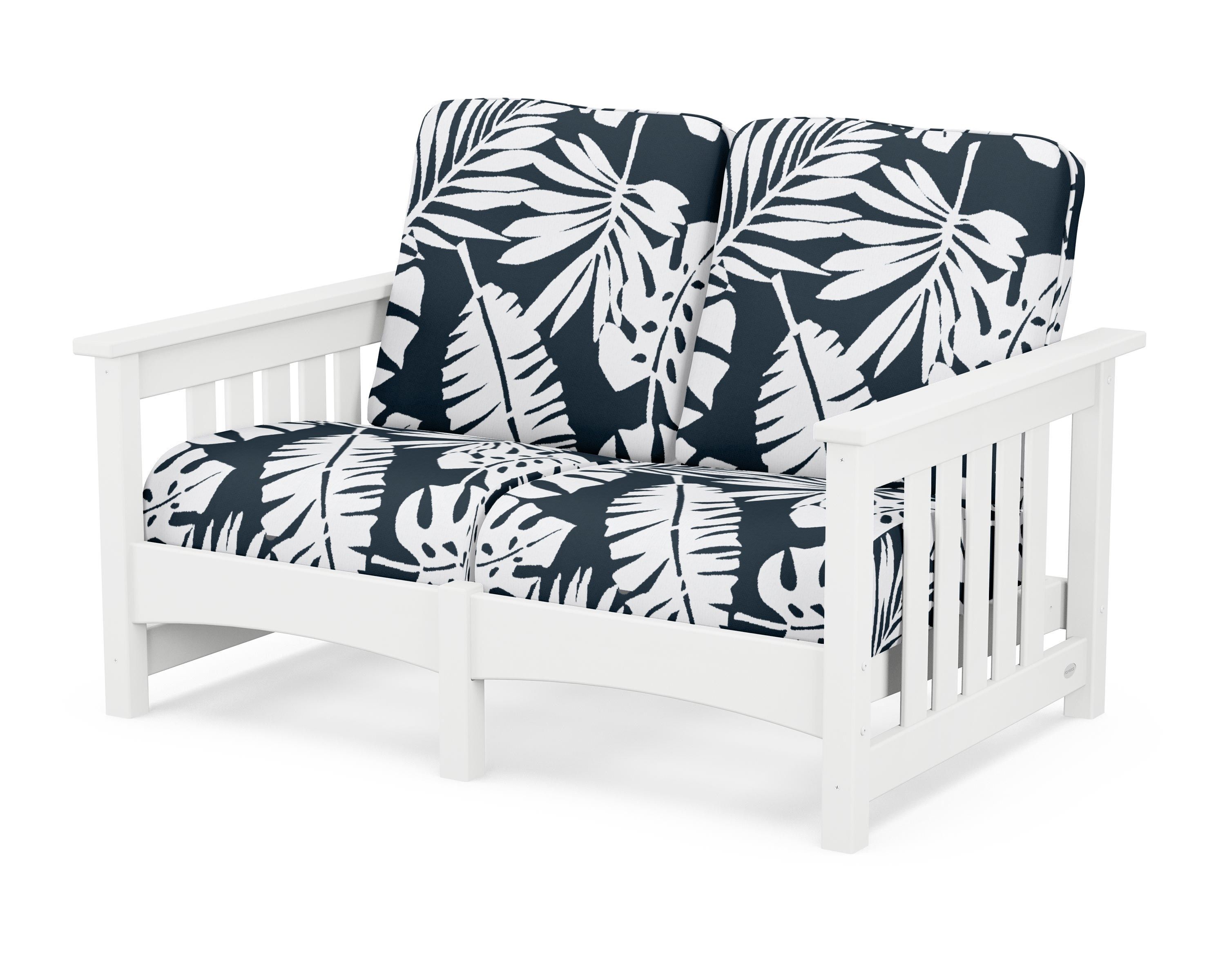 POLYWOOD® Club Mission Loveseat in White / Leaf Marine Indigo