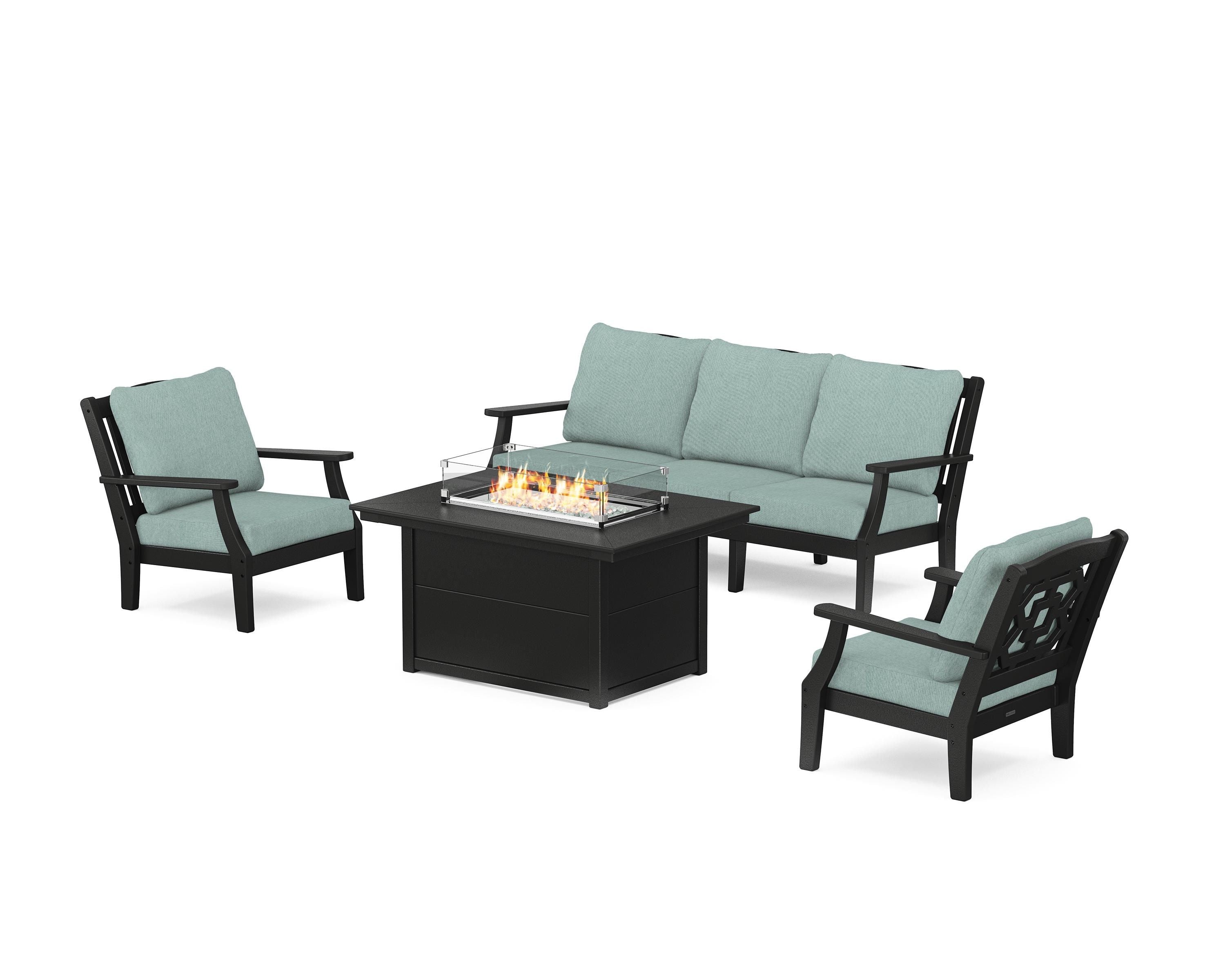 Martha Stewart by POLYWOOD® Chinoiserie Deep Seating Fire Pit Table Set in Black / Glacier Spa