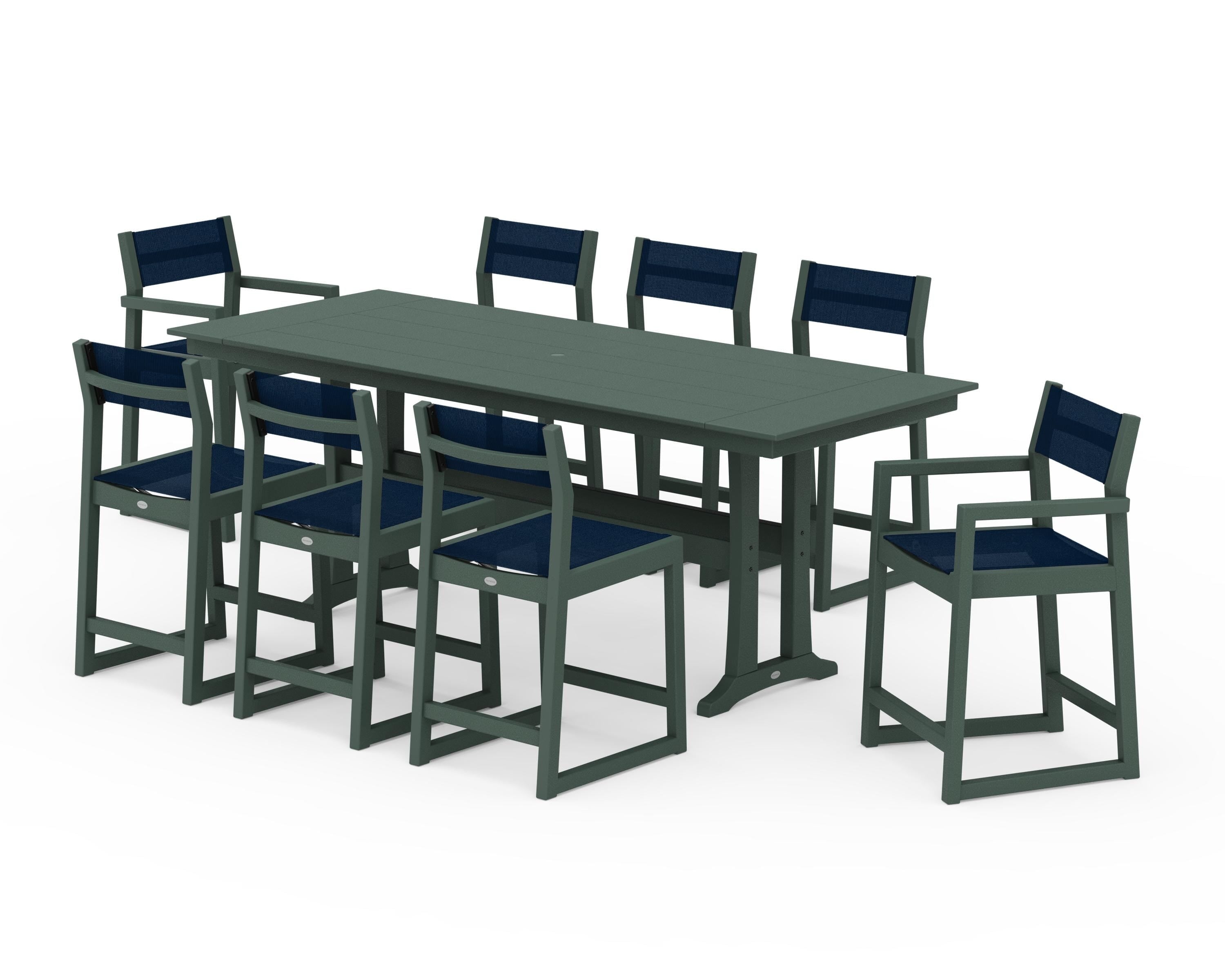 POLYWOOD® EDGE Sling 9-Piece Farmhouse Counter Set with Trestle Legs in Green / Navy Blue Sling