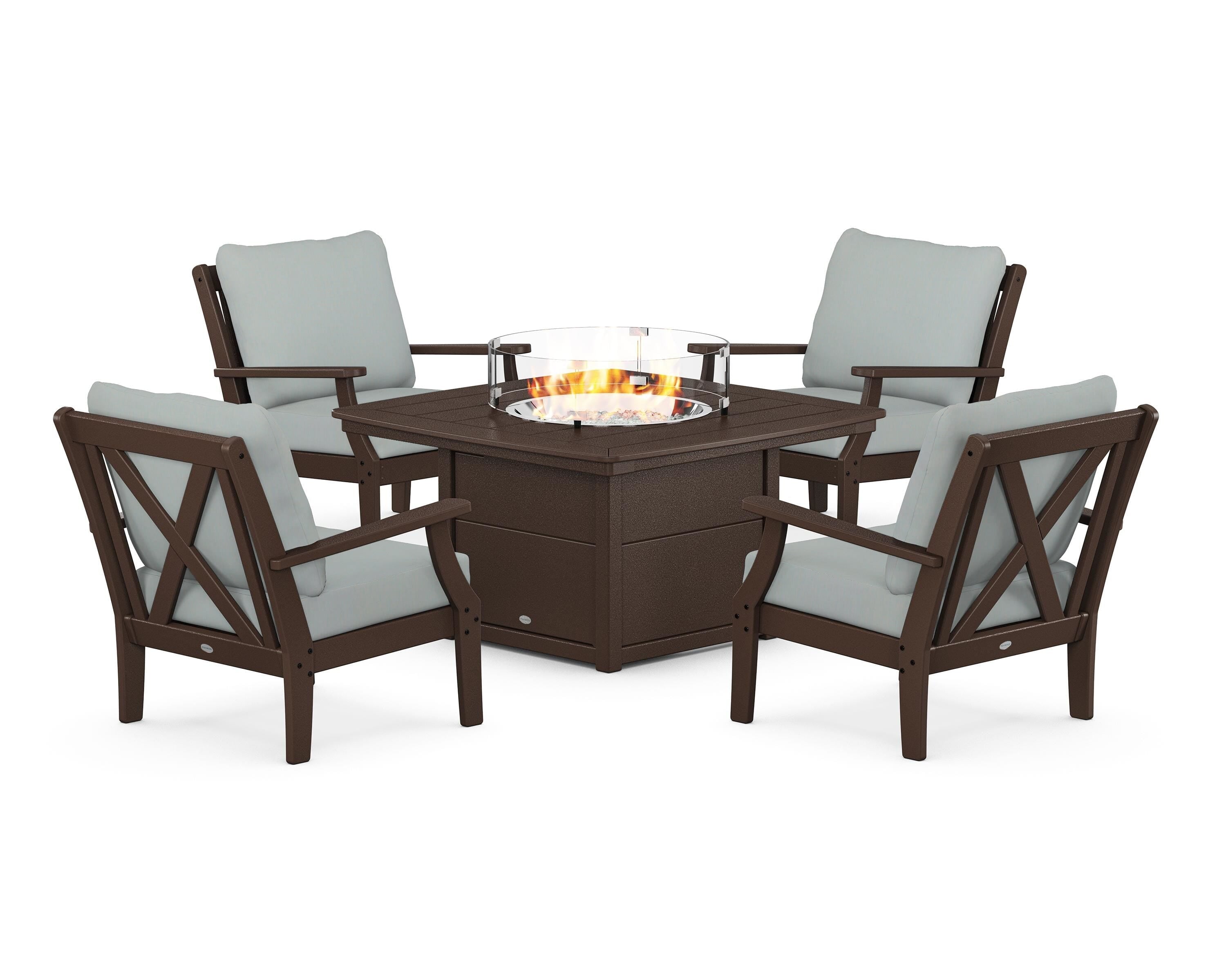 POLYWOOD® Braxton 5-Piece Deep Seating Conversation Set with Fire Pit Table in Mahogany / Spa