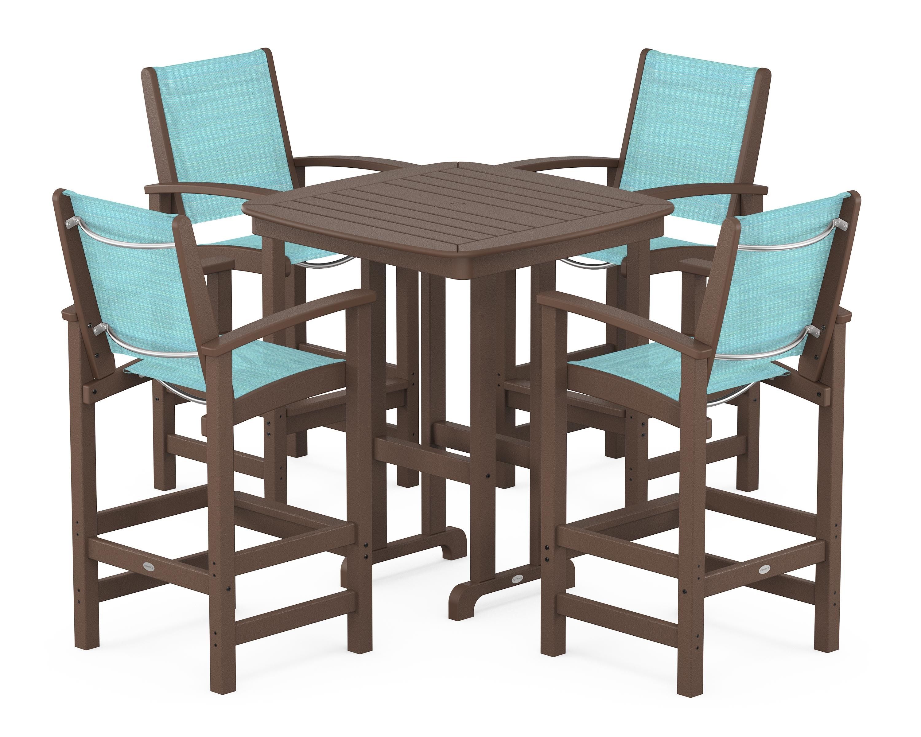 POLYWOOD® Coastal 5-Piece Bar Set in Mahogany / Dupioni Aquamarine Sling