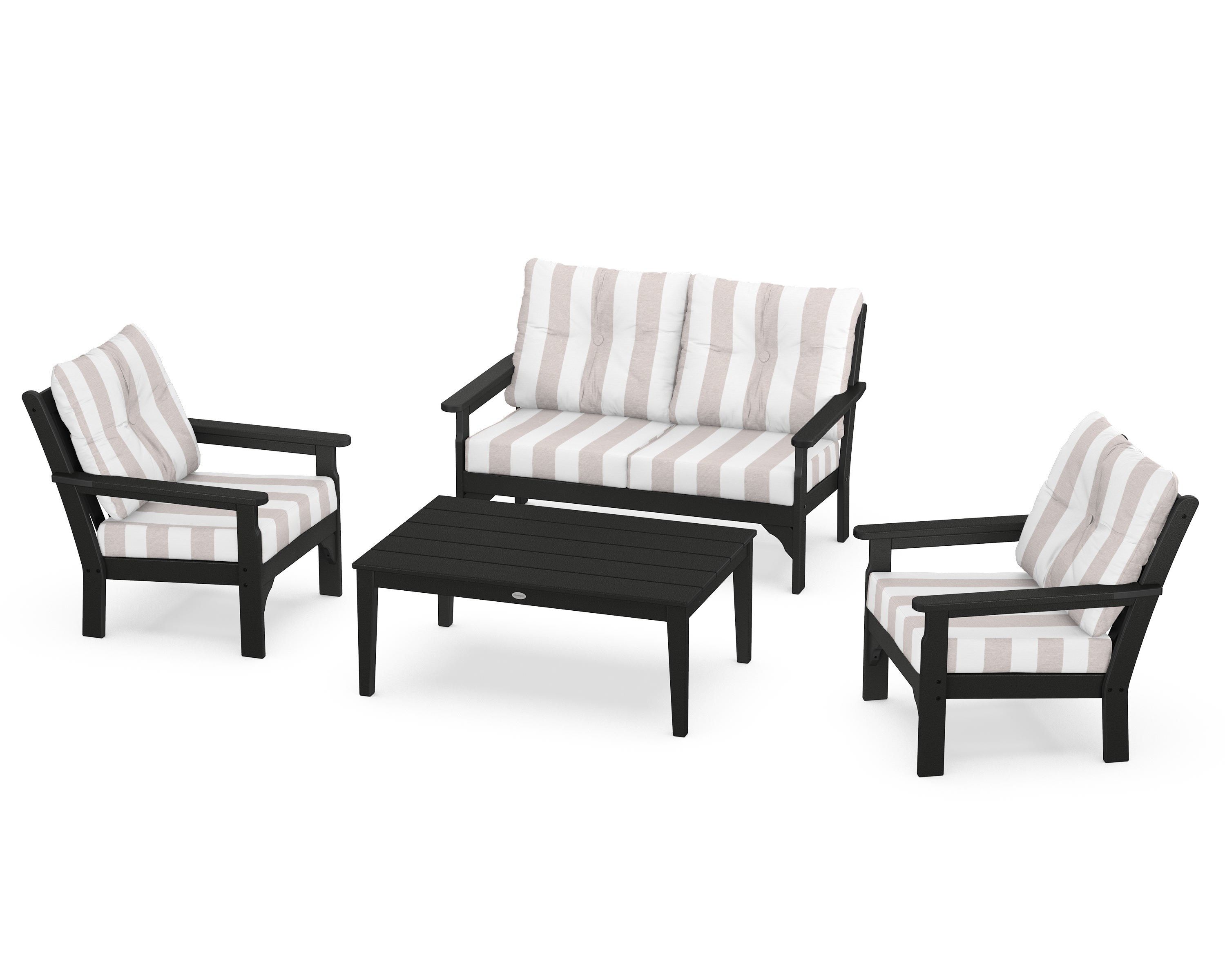 POLYWOOD® Vineyard 4-Piece Deep Seating Set in Black / Cabana Stripe Dune Burlap