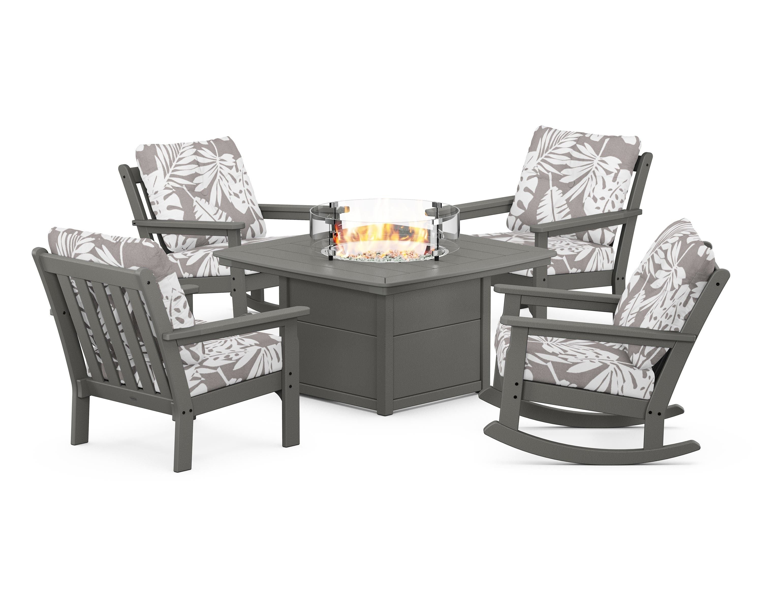POLYWOOD® Vineyard 5-Piece Deep Seating Rocking Chair Conversation Set with Fire Pit Table in Slate Grey / Leaf Grey Mist
