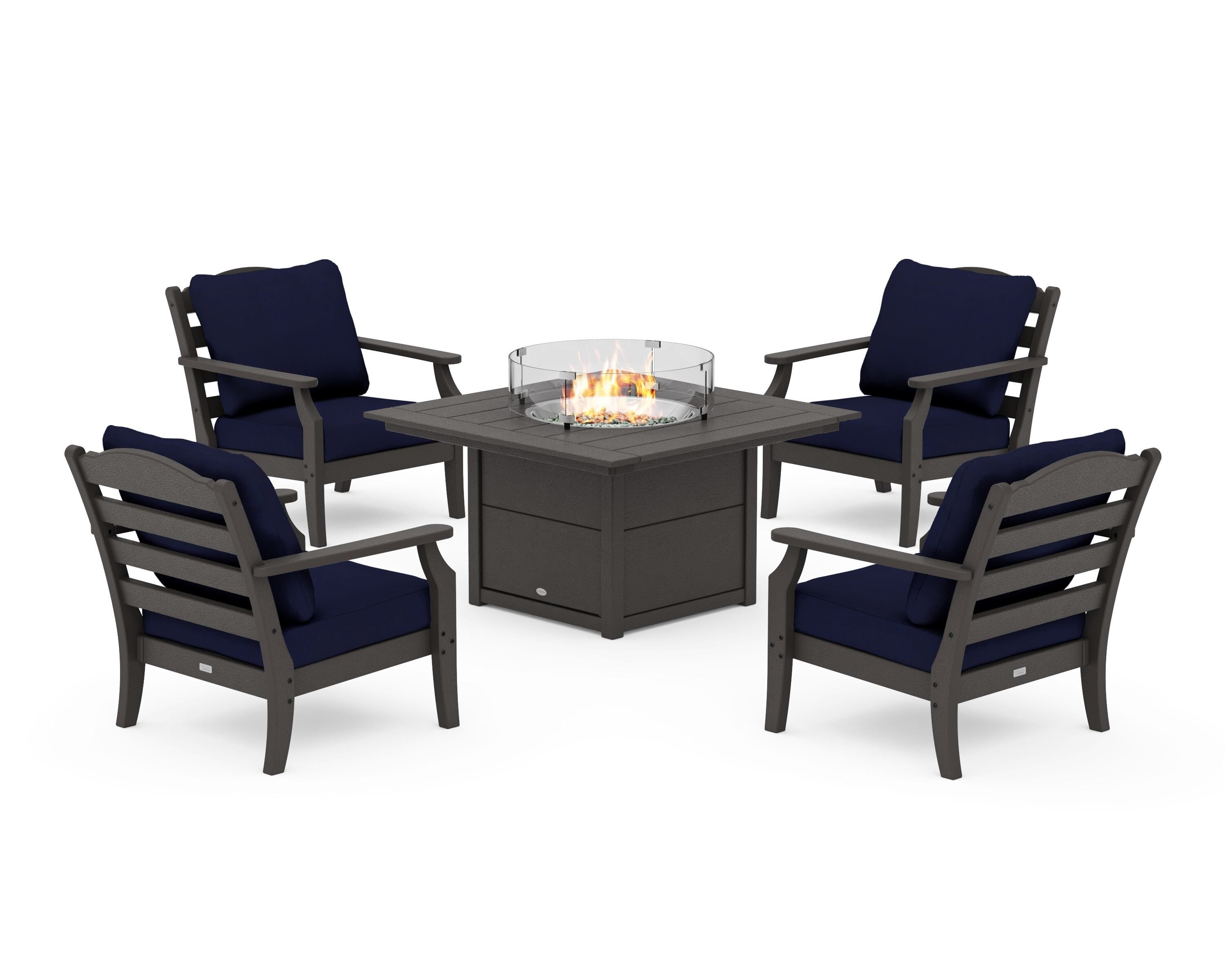 Draper James™ by POLYWOOD® Savannah 5-Piece Deep Seating Set with Fire Pit Table in Vintage Coffee / Navy