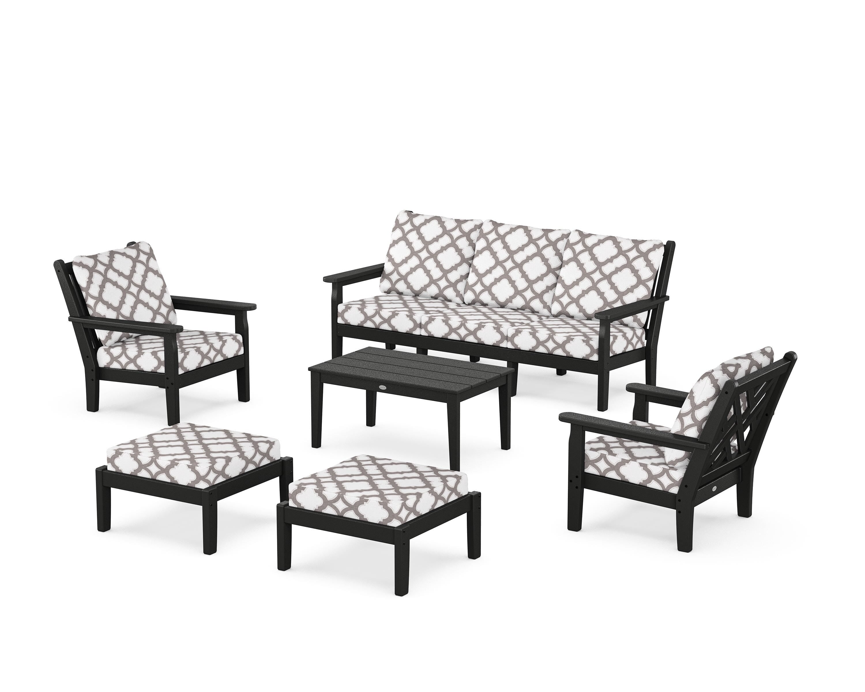 POLYWOOD® Chippendale 6-Piece Lounge Sofa Set in Black / Trellis Grey Mist
