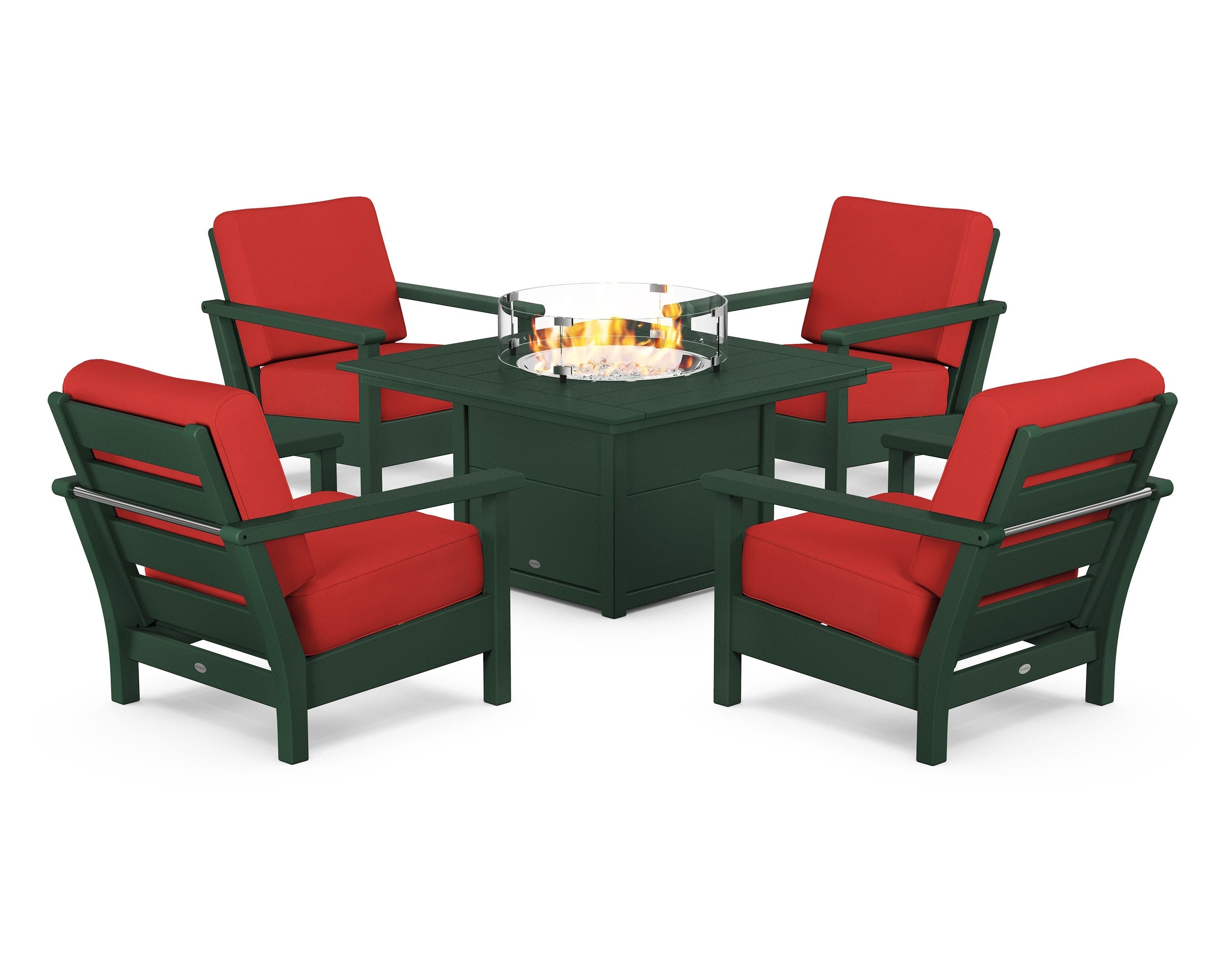 POLYWOOD® Harbour 5-Piece Conversation Set with Fire Pit Table in Green / Crimson Linen
