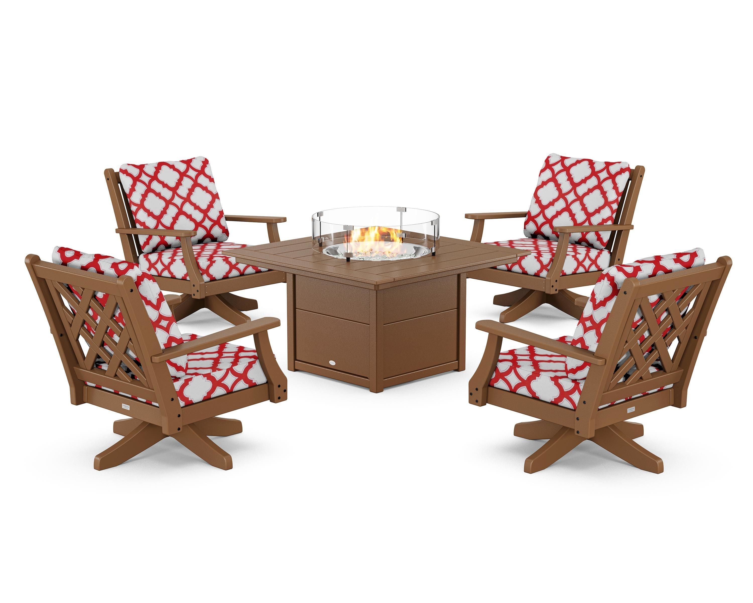 Country Living Wovendale 5-Piece Deep Seating Swivel Conversation Set with Fire Pit Table in Teak / Trellis Crimson