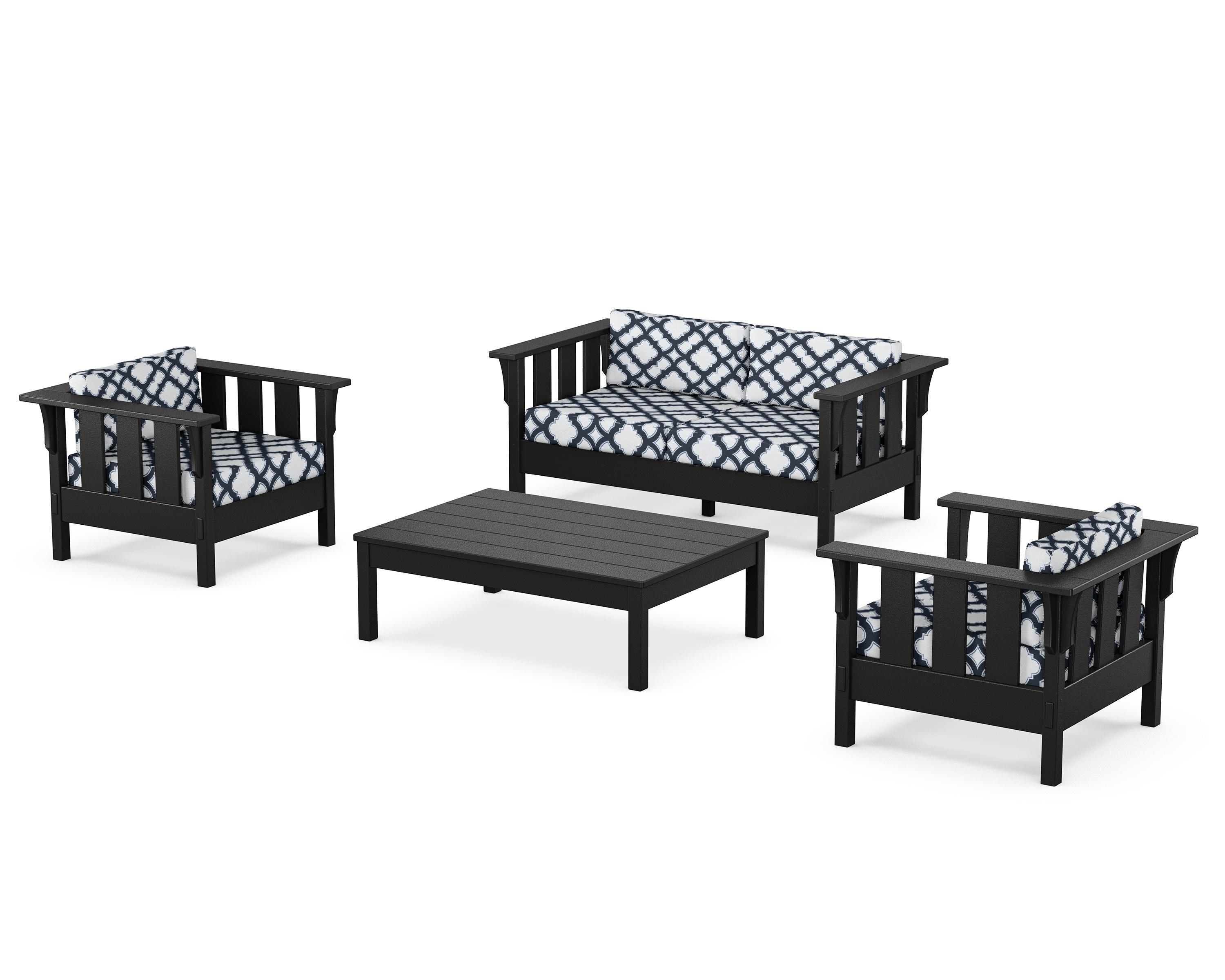 Martha Stewart by POLYWOOD® Acadia 4-Piece Deep Seating Set with Loveseat in Black / Trellis Marine Indigo