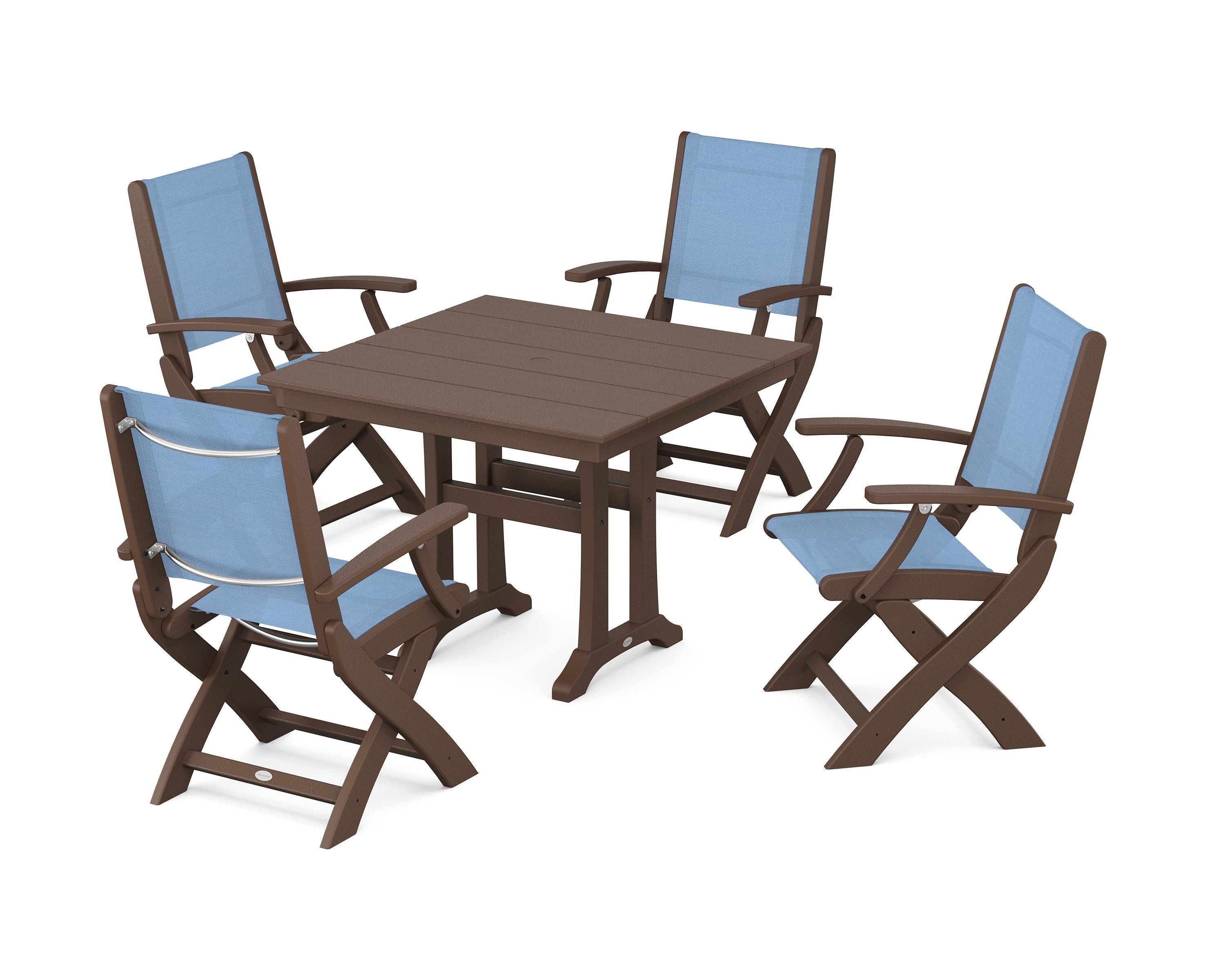 POLYWOOD® Coastal Folding Chair 5-Piece Farmhouse Dining Set With Trestle Legs in Mahogany / Poolside Sling